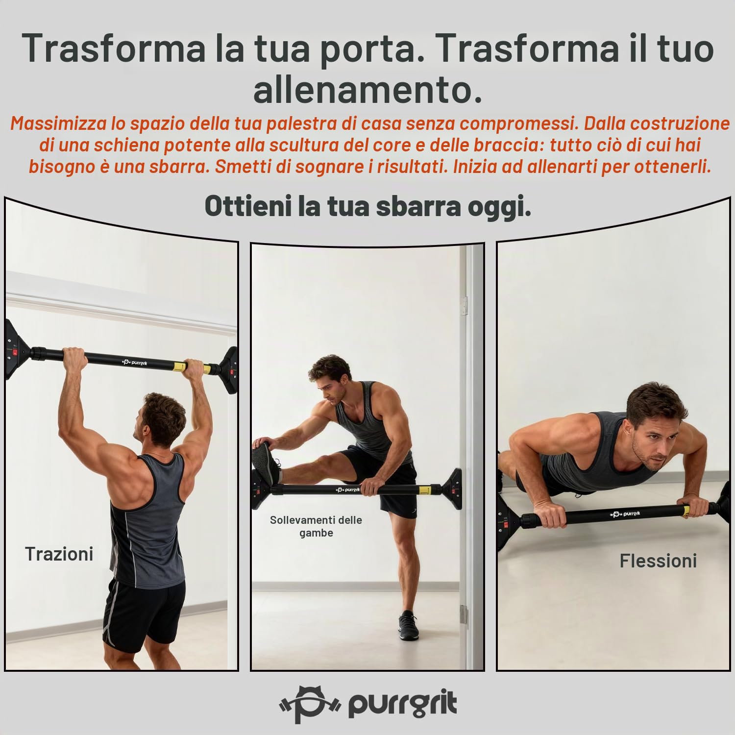 Barra per trazioni per porta senza vite, larghezza regolabile (74-95 cm), capacità 200 kg, con blocco a 360° e 2 imbottiture extra in schiuma per la massima protezione del telaio della porta