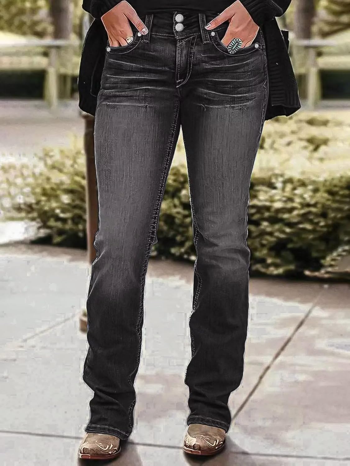 Flamingals Boot Cut Jeans for Women Mid Waist Tummy Control Trendy Flare Jeans Straight Denim Pants - Image 2