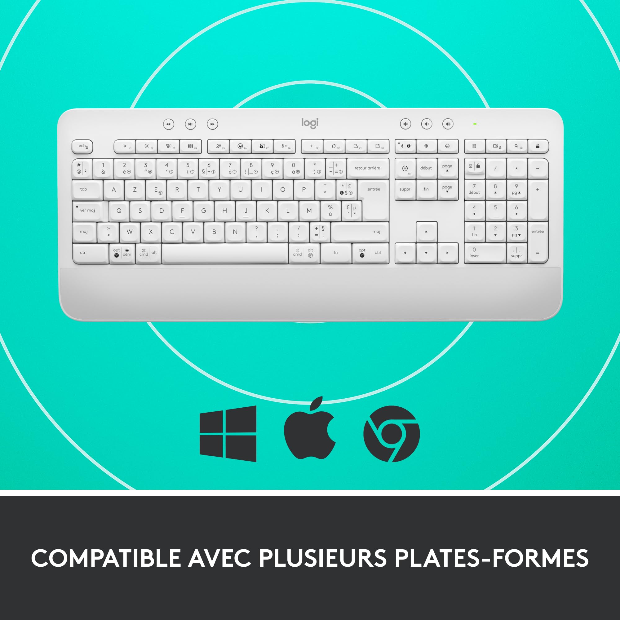 Logitech Signature K650, Clavier sans fil Ergonomique Entier avec Repose-Poignets, BLE Bluetooth, USB Logi Bolt, Touches Silencieuses Pavé Numérique, Compatible PC/Windows/Mac, AZERTY Français - Blanc