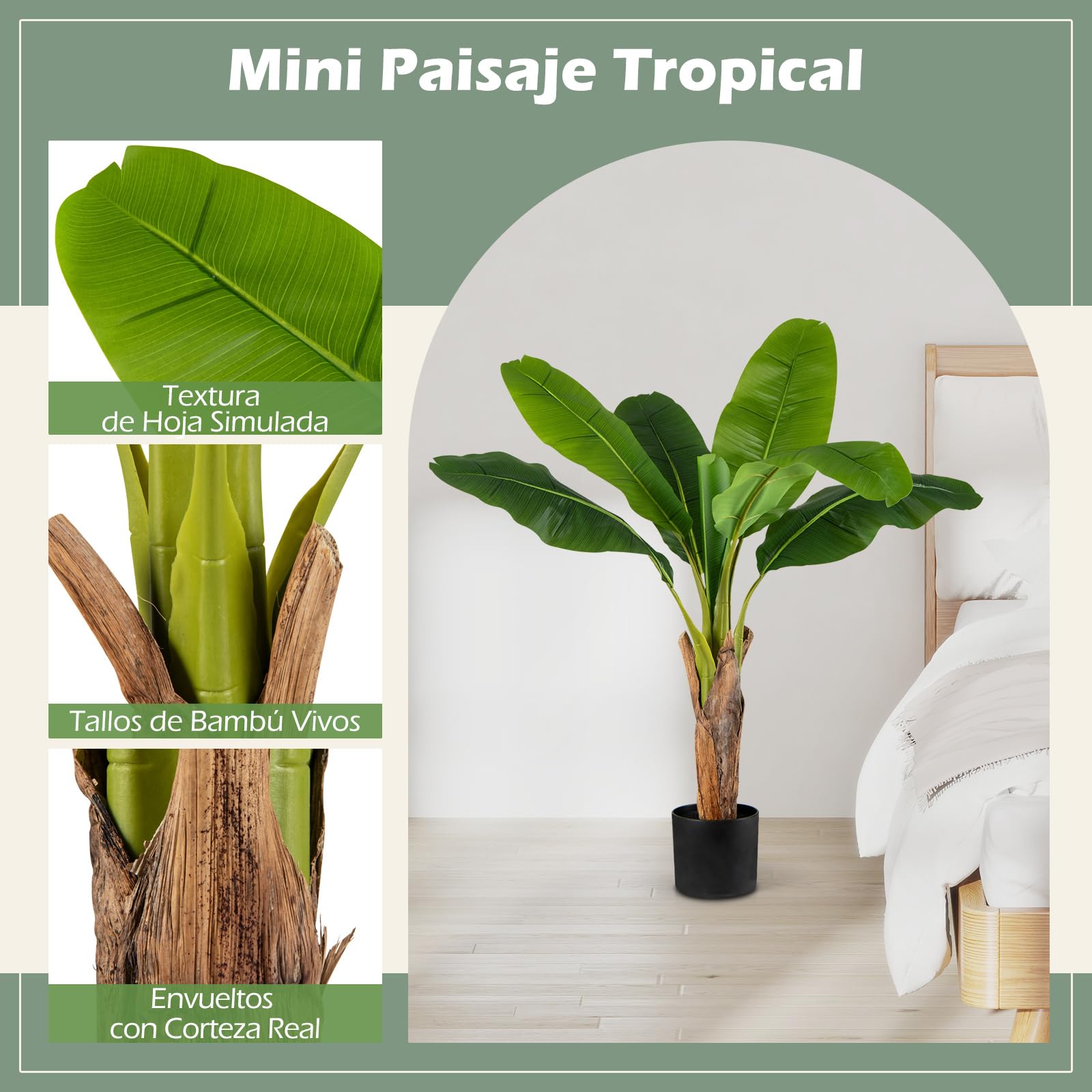 COSTWAY Juego de 2 Árboles Artificiales, 107 cm Plantas Artificiales Decorativos Ave del Paraíso con Hojas de Plátano y Ramas Ajustables con Maceta, Platanero Falsa de Interior para Salón Oficina
