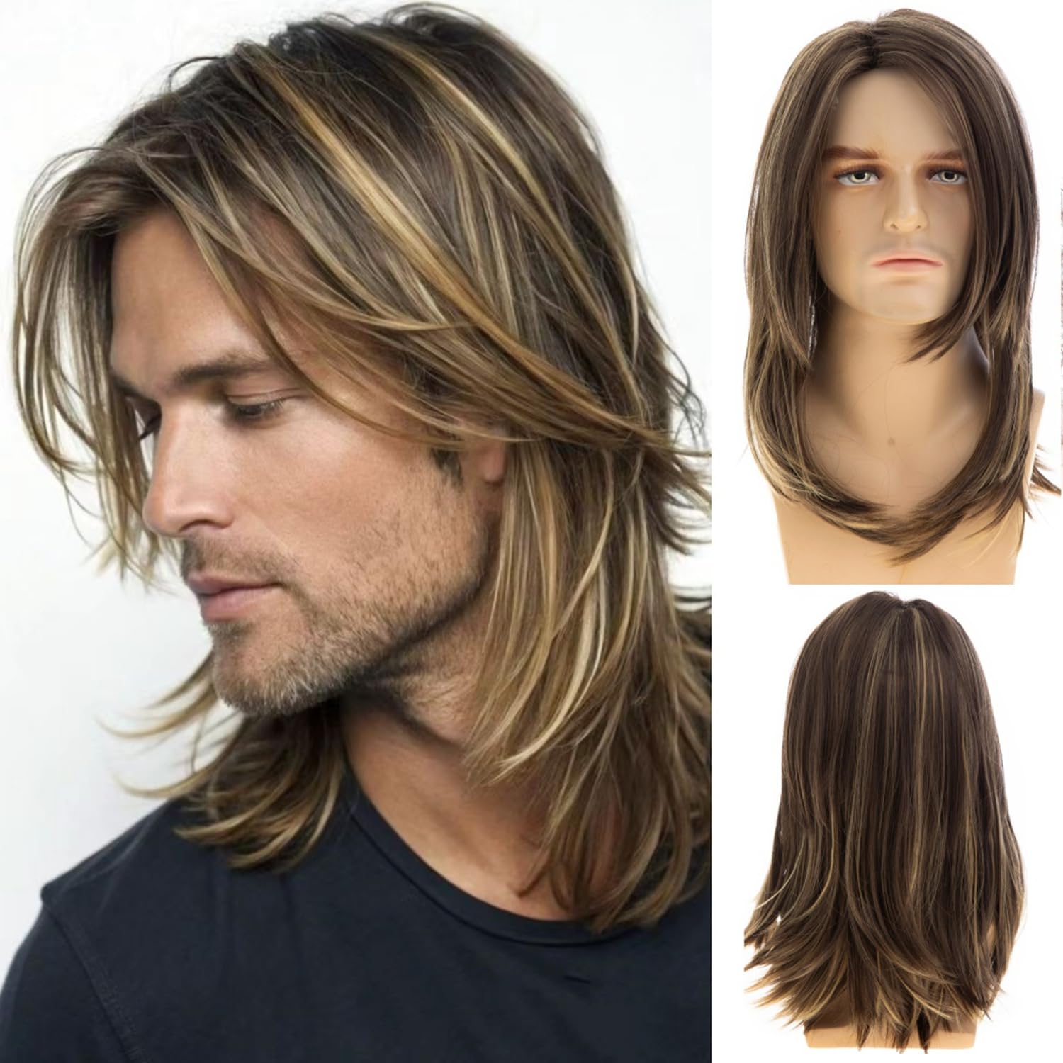 Photo 1 of Wiwige Mens Brown Wig Long Layered Natural Synthetic Halloween Cosplay Costume Party Full Wigs, Brown mixed Blonde