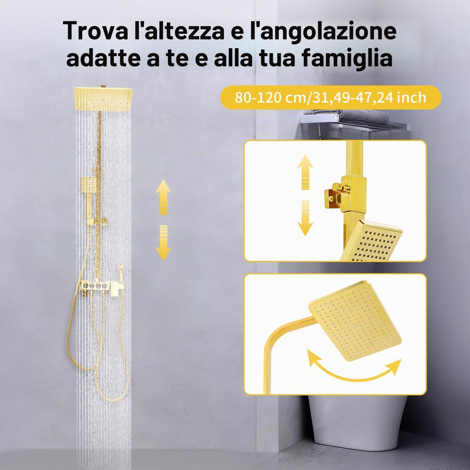 Sistema doccia dorato, regolabile in altezza (80-120 cm), set da parete con 4 funzioni, uscita acqua, doccia a pioggia, doccetta, rubinetto per vasca da bagno, bidet doccia