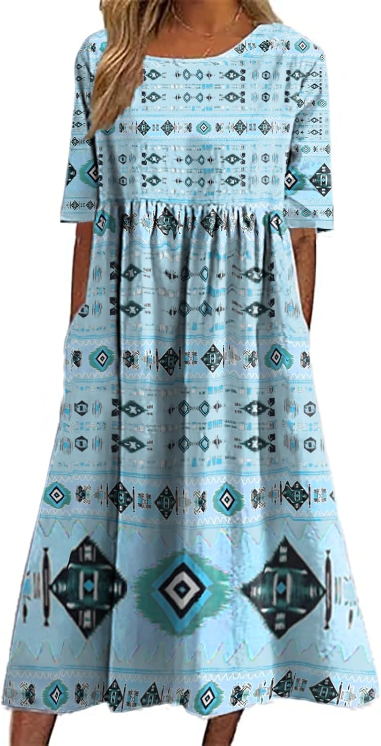 domirica Boho Dresses for Women 2025 Floral Hawaiian Casual Summer Empire Waist Short Sleeve Crewneck A Line Maxi Dress