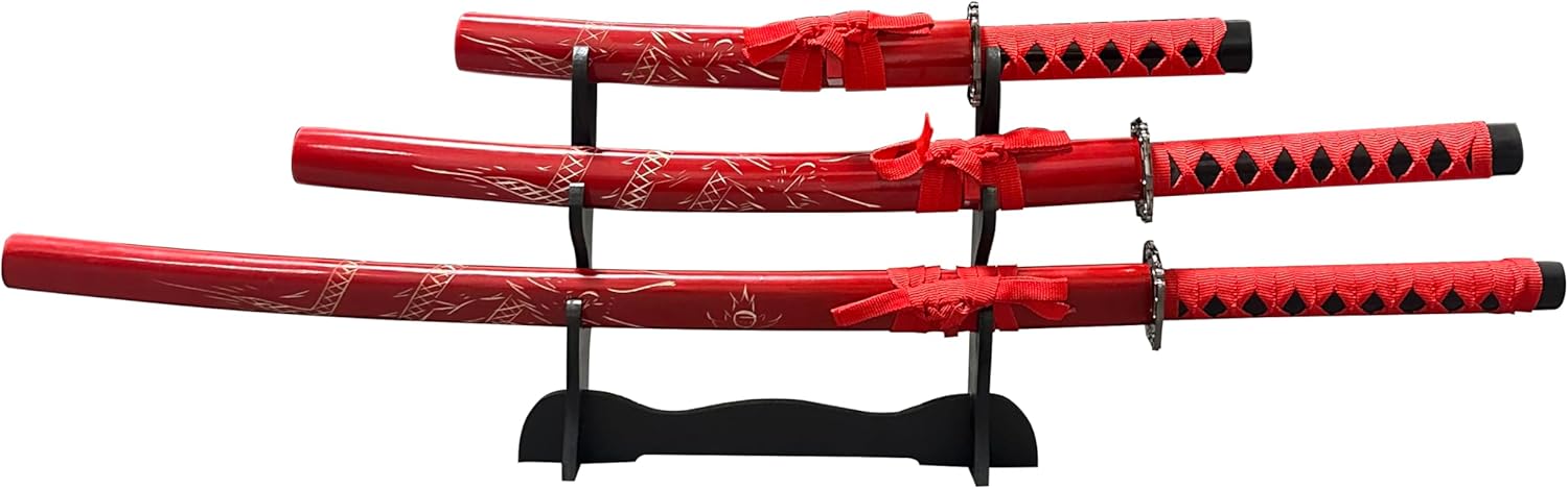 3-Piece Samurai Sword Set, Long, Medium & Short Sizes, Multi-Function Decoration & Training, Made with 1060/1065 Steel, Includes Stand