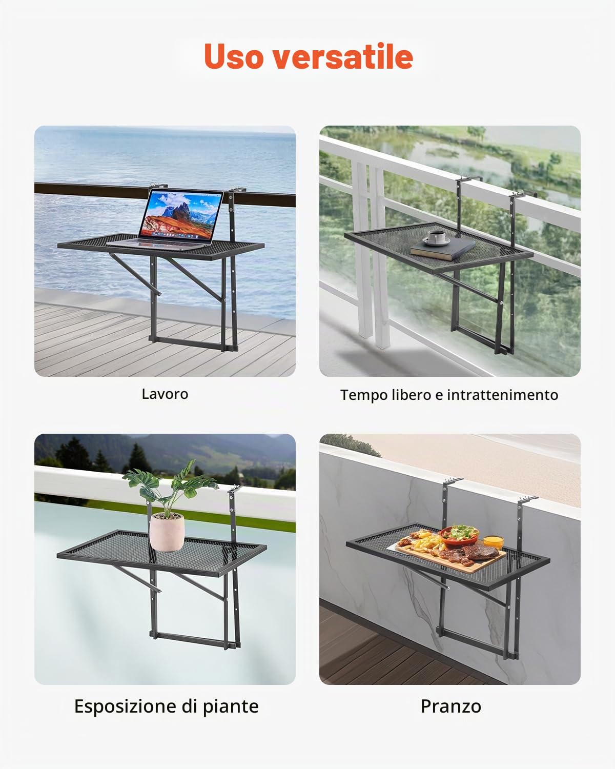 VEVOR Tavolo Sospeso Pieghevole in Metallo per Ringhiera del Balcone da 610 x 410 mm, Tavolo da Bar all'Aperto per Ringhiere, Regolabile su 5 Livelli, per Ringhiere e Patio e Terrazza
