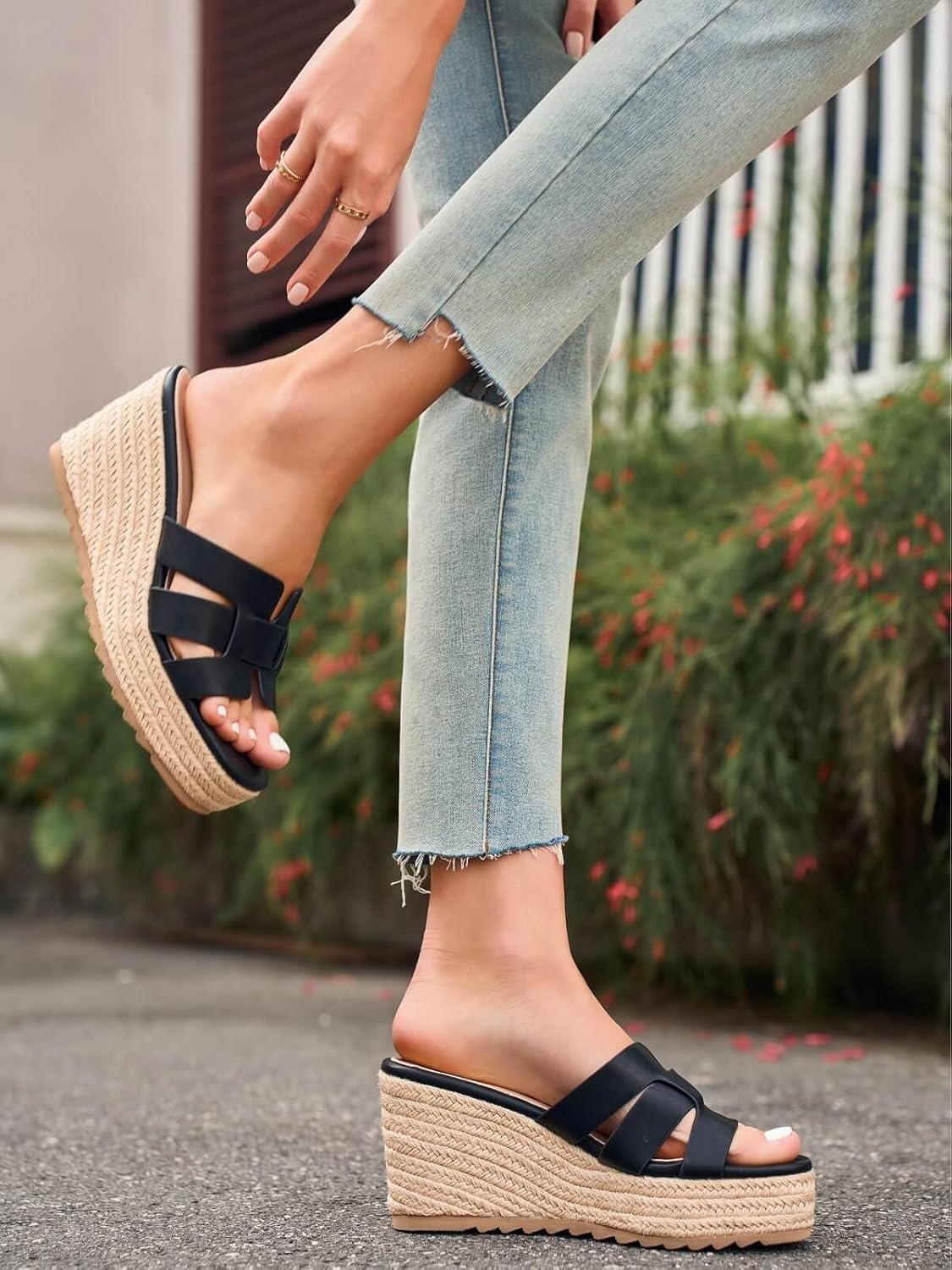 Coutgo Women's Wedge Sandals Platform Espadrille Heels Open Toe Strappy Slip On Casual Summer Slide Shoes - Image 3