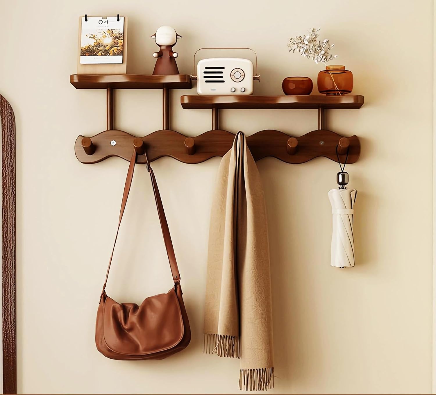 Walnut-6 Hooks Piano Key Clothes Hanger, Sea Wave Crescent Design Wall Mounted Entrance Hanging Clothes Hook for Entering The Door