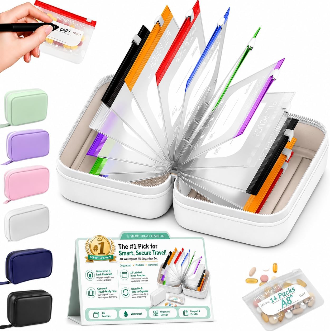 Waterproof Pill Organizer, Travel Pill Pouch Set Pill Holder(White)