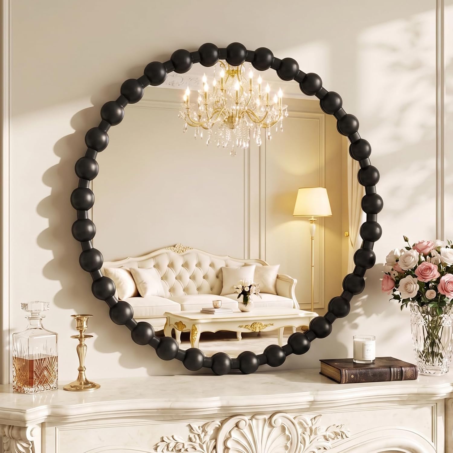 36"x36" Round Vanity Mirror for Wall, Black Beaded Frame Circle Mirror