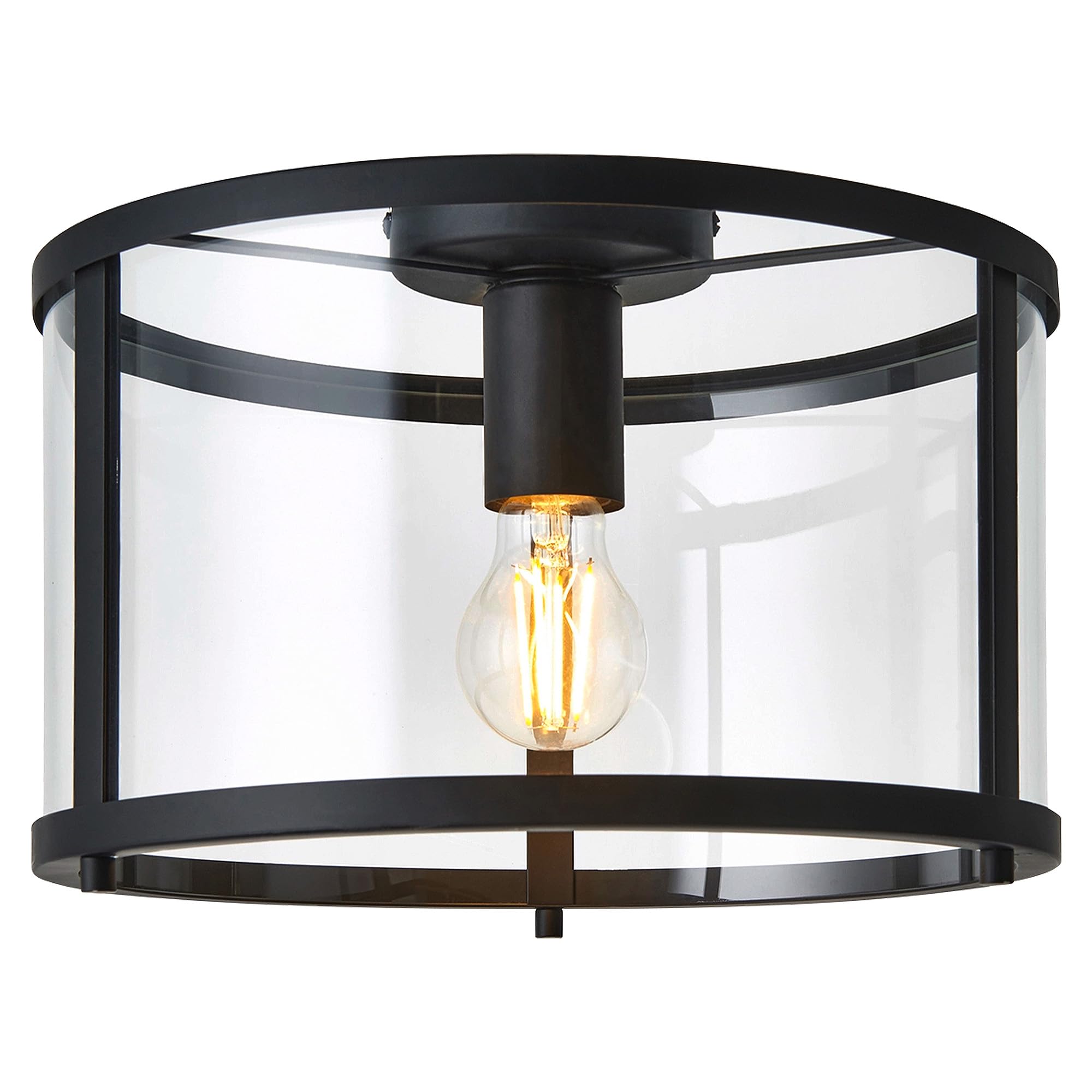 National Lighting Barrel 310mm Flush Ceiling Light - Matt Black Light Fitting with Clear Glass Shade, LED IP20 Dimmable Lighting for Living Room, Bedroom, Kitchen and Low Ceiling Spaces