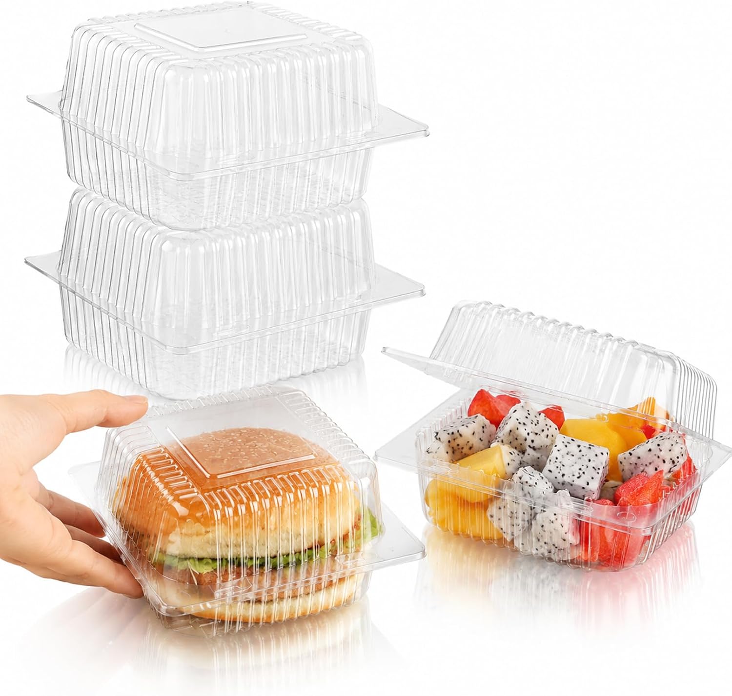 100Pcs Clamshell Food Containers with Hinged Lids, 5.3x4.7x2.8 in
