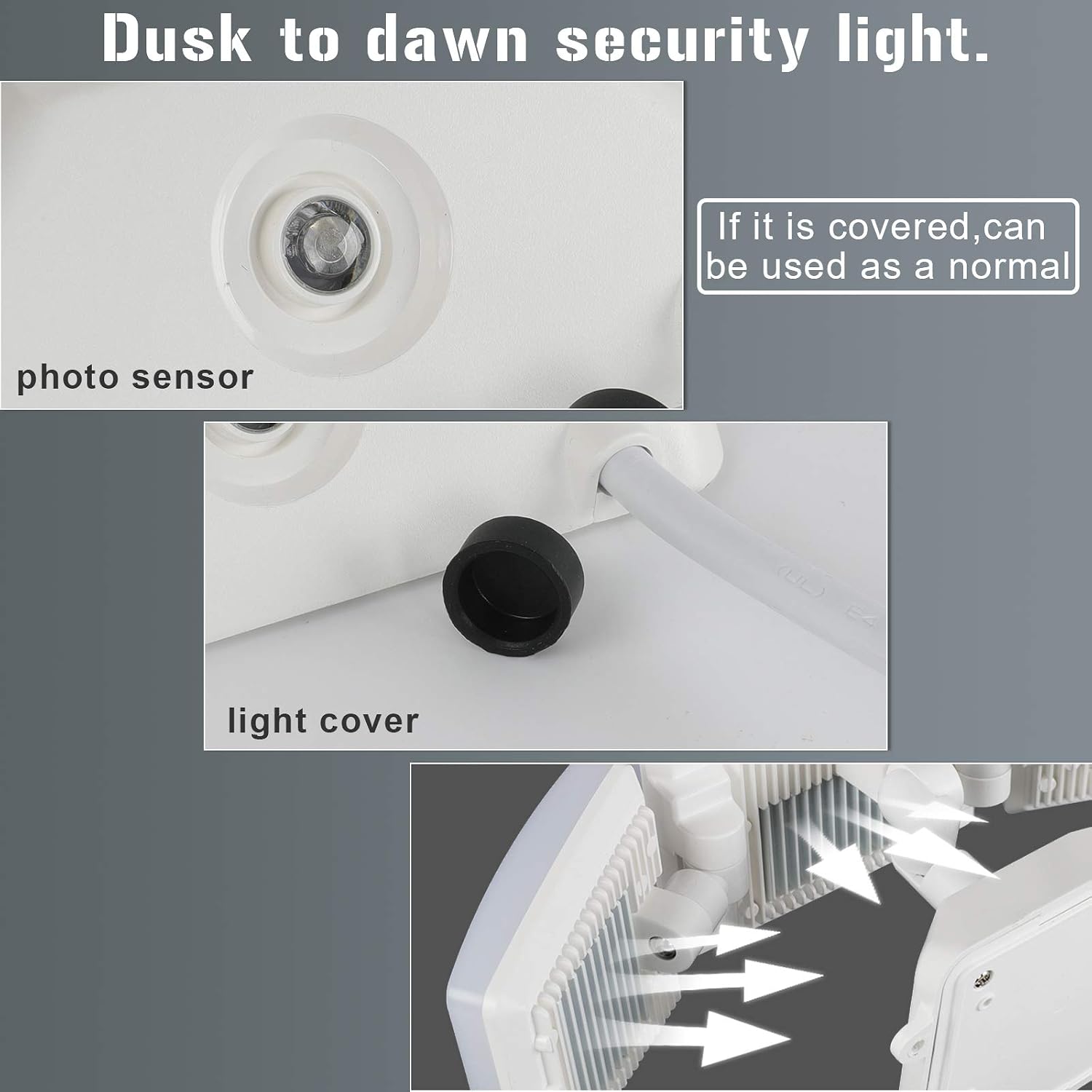 FAGUANGAO Dusk to Dawn LED Security Light,35W Plug in Flood Light Outdoor,5000k Daylight,3200lm, IP65 Waterproof,Adjustable 3 Heads Wall Light for Eave,Garage, Porch, Yard, White