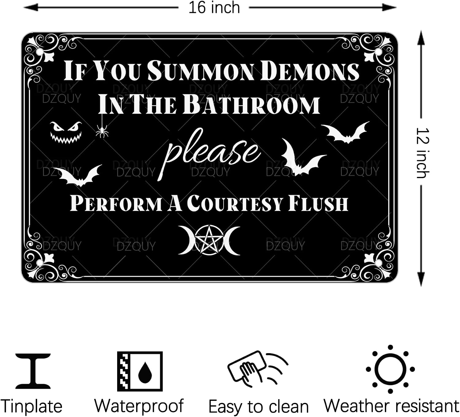 Funny Bathroom Wall Decor Metal Tin Sign If You Summon Demons in the Bathroom Please Perform a Courtesy Flush Halloween Spooky Wall Art Gothic Witchy Posters Gifts 16x12 inch image 2