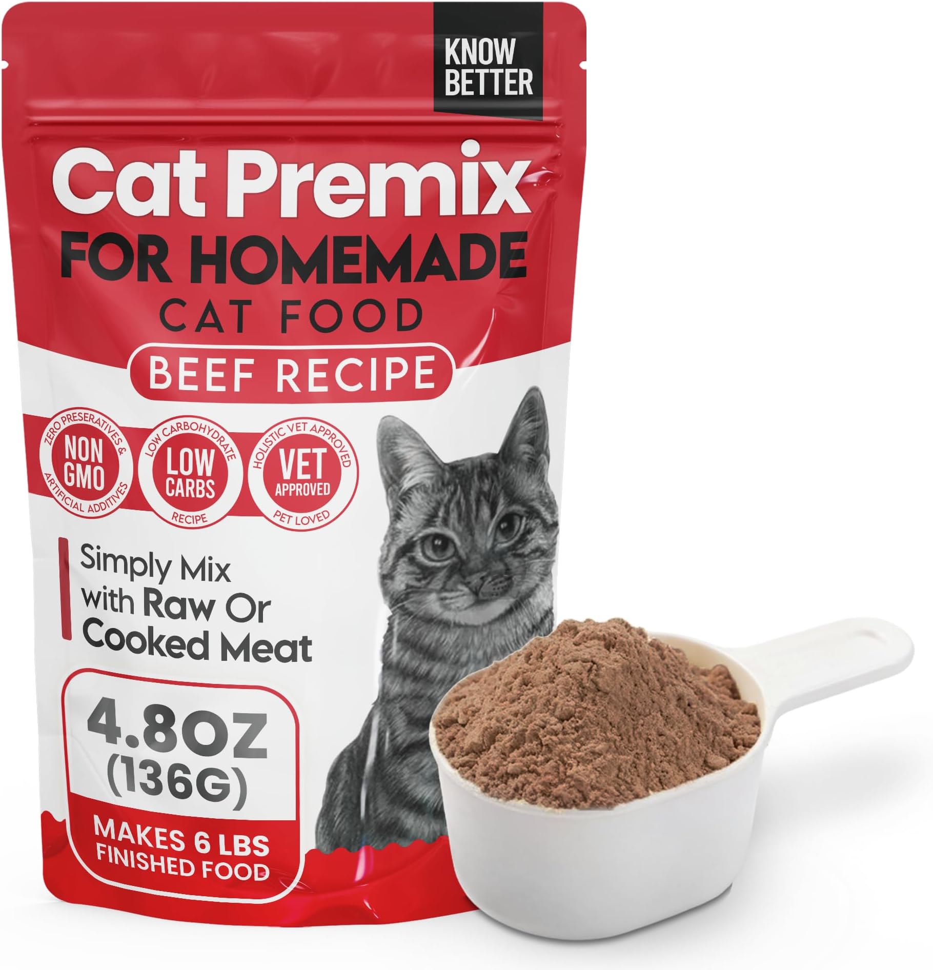 Know Better Beef Recipe Premix for Raw Or Cooked Cat Food – Feline Premix for Homemade Cat Food - Senior & Kitten Friendly - Grain-Free - Cats Essentials - Supplies for Indoor & Outdoor Cats (4.8 Oz)