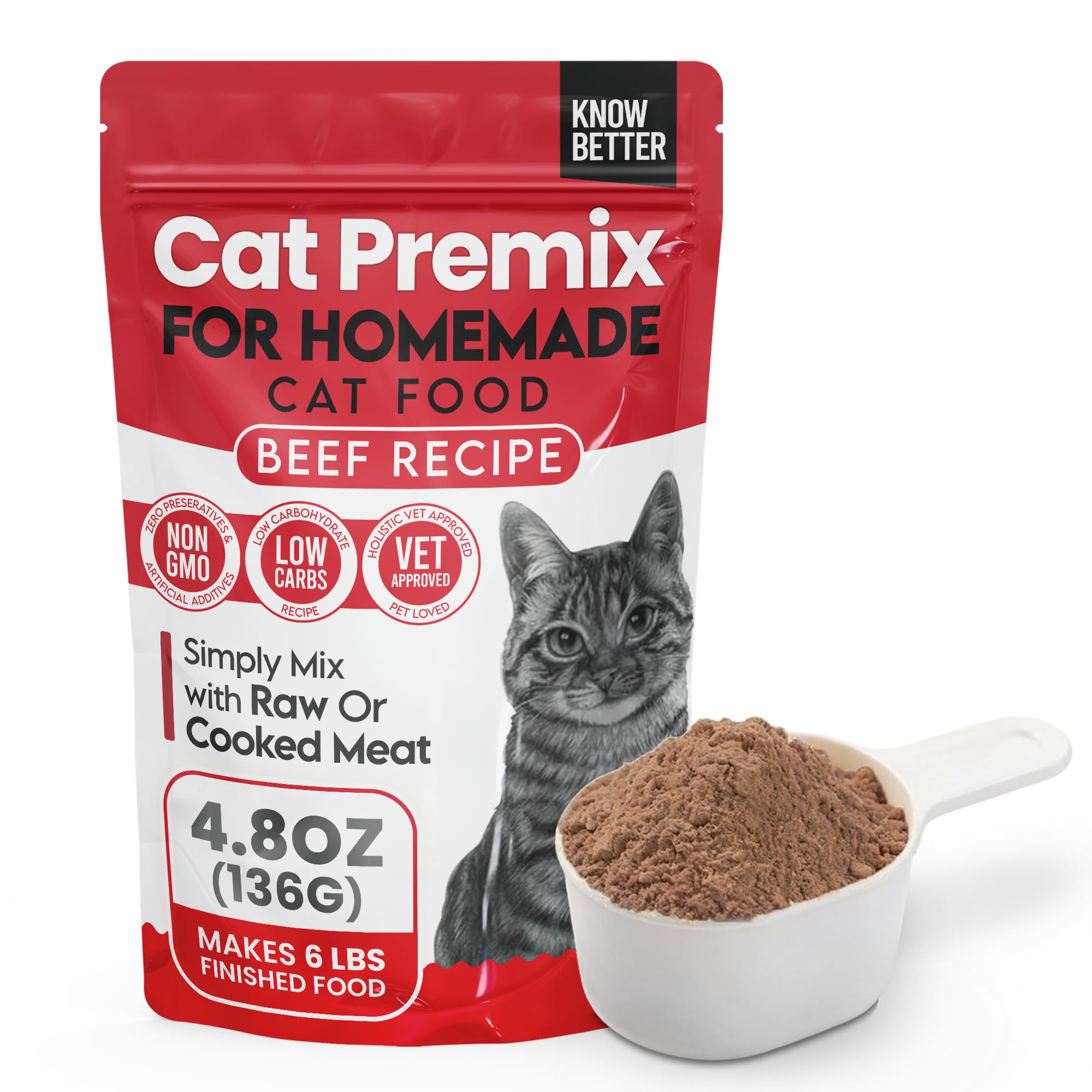 Know Better Beef Recipe Premix for Raw Or Cooked Cat Food – Feline Premix for Homemade Cat Food - Senior & Kitten Friendly - Grain-Free - Cats Essentials - Supplies for Indoor & Outdoor Cats (4.8 Oz)