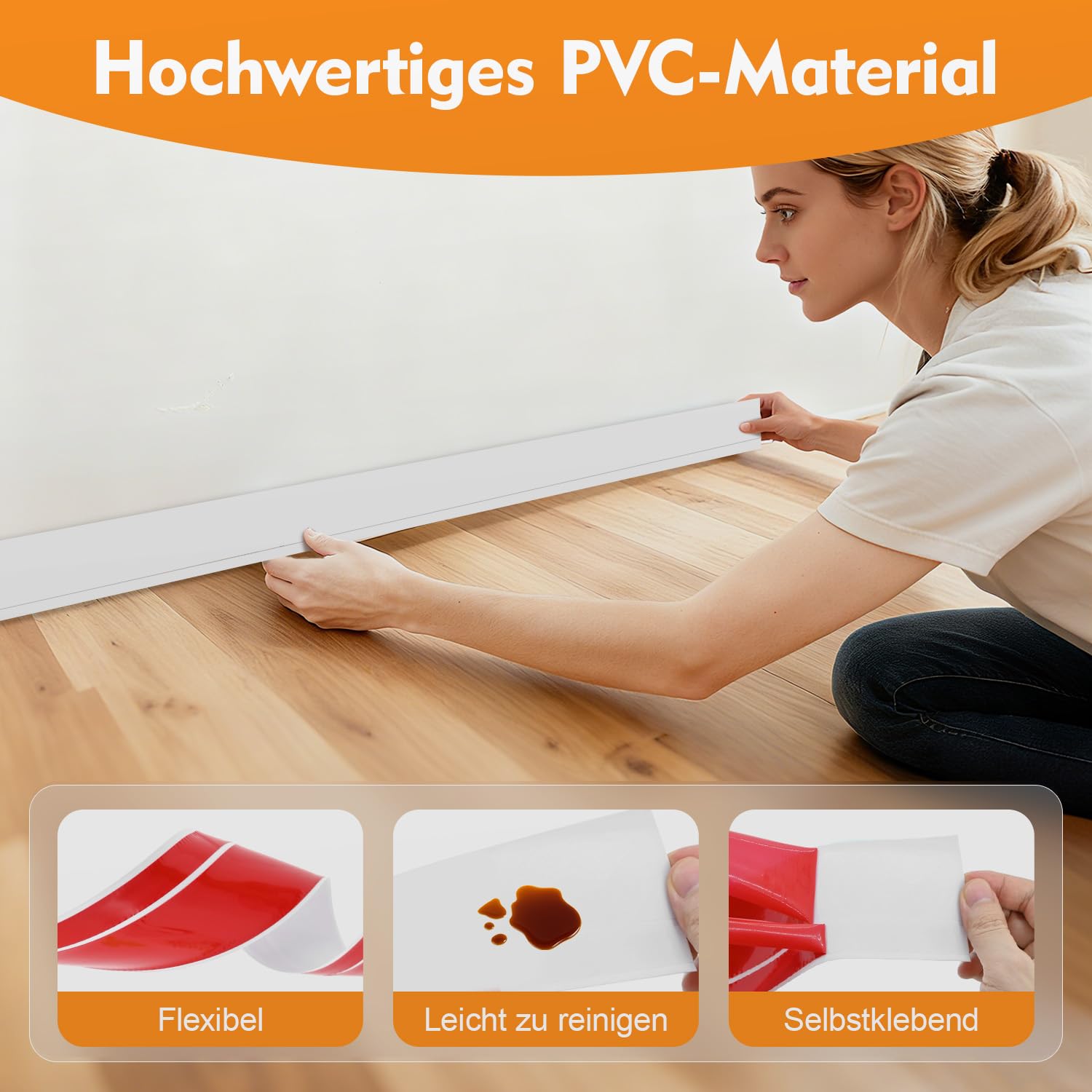 Zócalo autoadhesivo, 18 m, de PVC, 50 x 20 mm, resistente al agua, flexible, fácil montaje, renovación DIY para cocina, baño, pared, suelo, color blanco