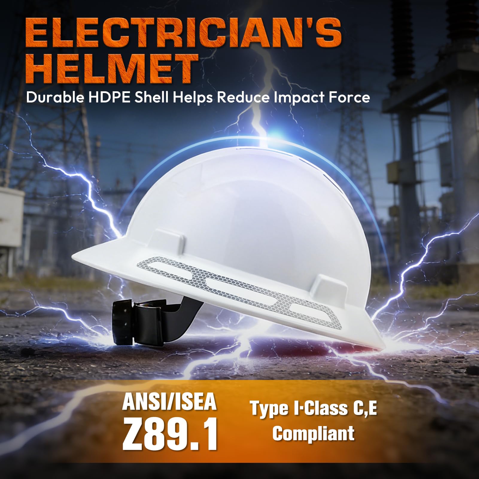 Casco de electricista de ala completa – Clase E, G y C, ANSI Z89.1 aprobado por OSHA Casco de seguridad de construcción, tapa sin ranura, cascos de construcción