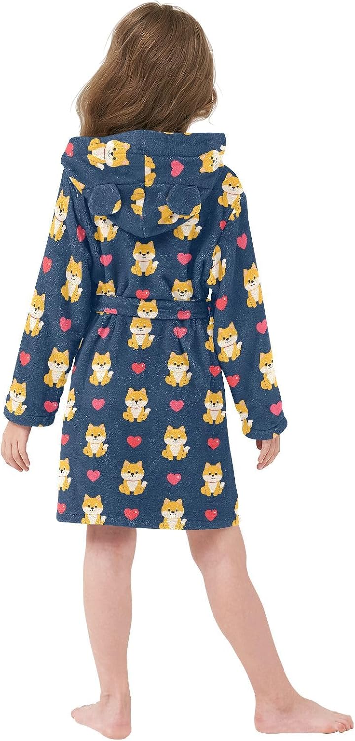 senya Cute Corgi Heart Toddler Hooded Bathrobe Kids Soft Plush Bath Towel Robes for Boys Girls 2-12 Years