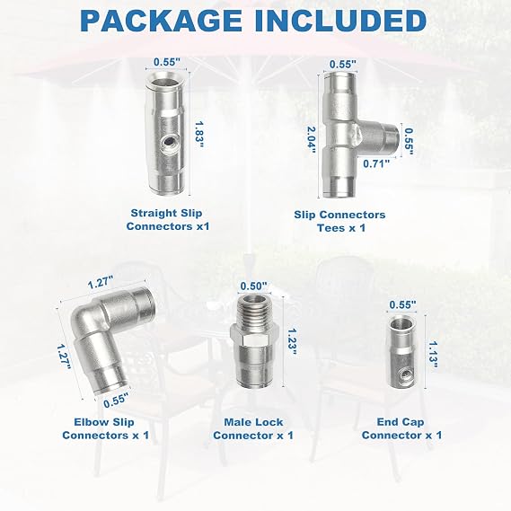 Brass Slip Connectors Kit for High Pressure Misting System, 3/8 Misting Nozzle Connectors, Slip Lock Connectors, 5 pcs (Straight, Elbow, Tee, 3/8 Push In to 1/4 Male Lock, End) 1500psi