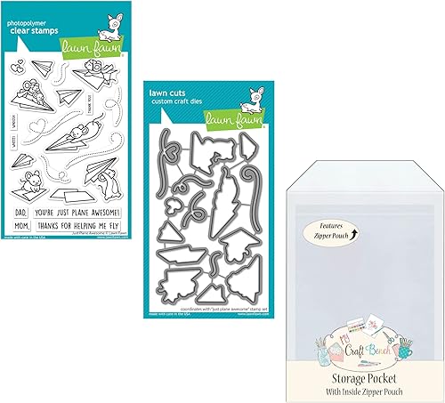 Just Plane Awesome Lawn Fawn - Juego de sellos y troqueles con bolsillo de almacenamiento seguro My Craft Bench - Paquete de 3 artículos
