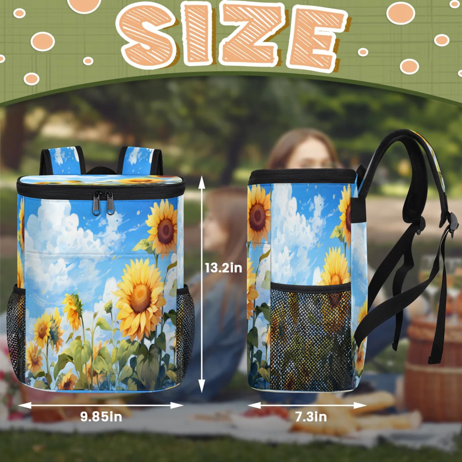 CNNINGYI Camping Cooler Backpack 30 Cans, Soft Sunflower Summer Backpack Coolers Insulated Leak Proof Travel Cooler Bag, Waterproof Lunch Picnic Work Bag, Spring
