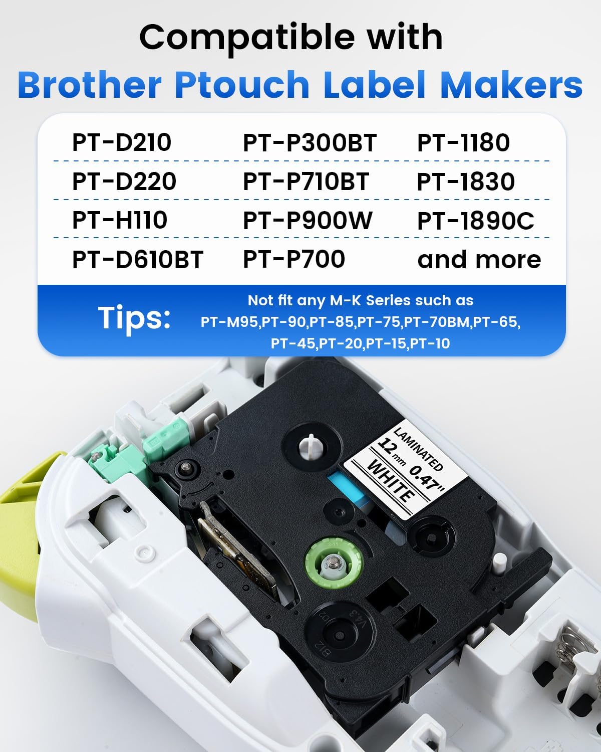 Nastro per Etichette Compatibile con Brother P-touch TZ Tape 12mm 0.47 | TZe-231 Ricarica Etichettatrice AZe-231 per Brother P-Touch H105 H107 H110 1000 7100, Nero su Bianco, 6PACK