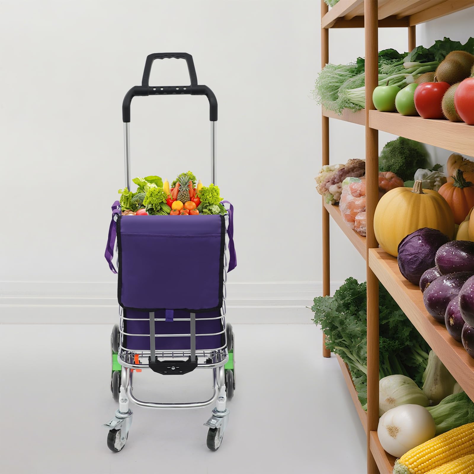 Carrito de compras plegable de 8 ruedas con bolsa, tapa, bolsa interior y correa de sujeción - Estructura de aluminio - Hasta 40 kg - Carrito de compras para supermercado y viajes