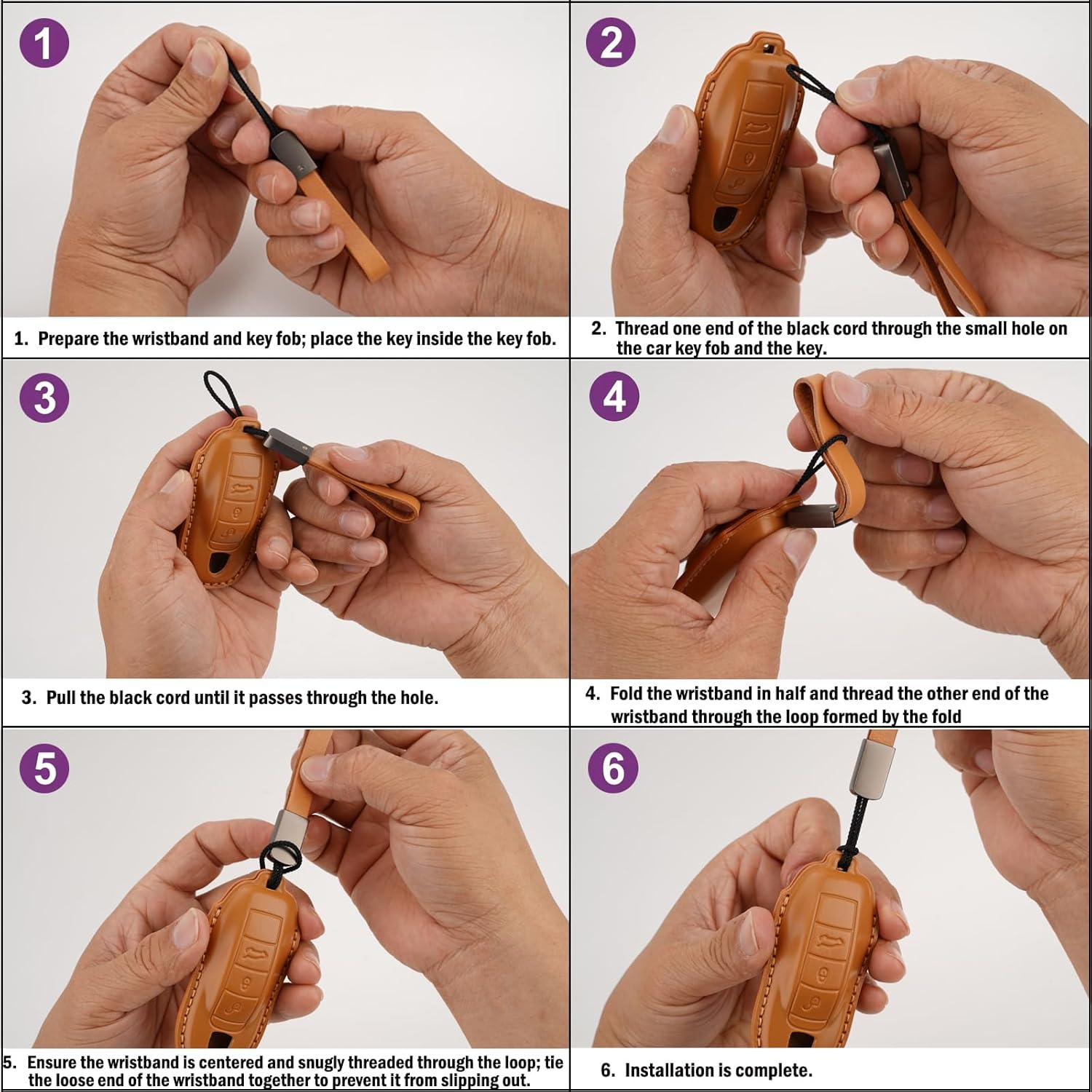 Leather Key Fob Cover with Keychain for Porsche Panamera, Macan, Cayenne, 911, and 718 Smart Key (3-Button) (Black) - Image 5