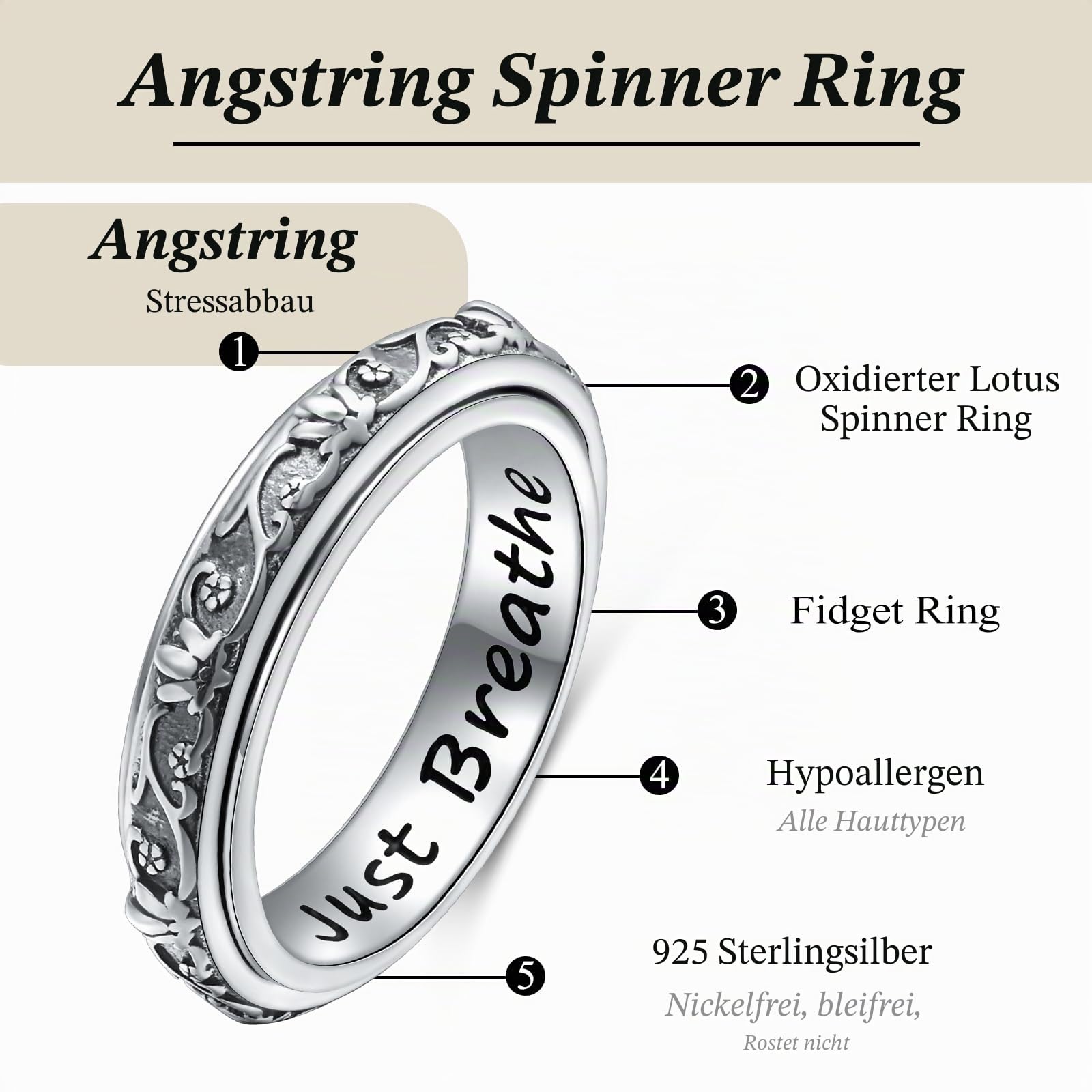 DAOCHONG Fidget-Ring, S925 Sterlingsilber, Lotusblume, Yoga, einfach atmen, Angst- und Sorgenband, oxidierter Stressabbau, Langeweile, ADHS, Autismus, Spinnerringe für Frauen und Männer