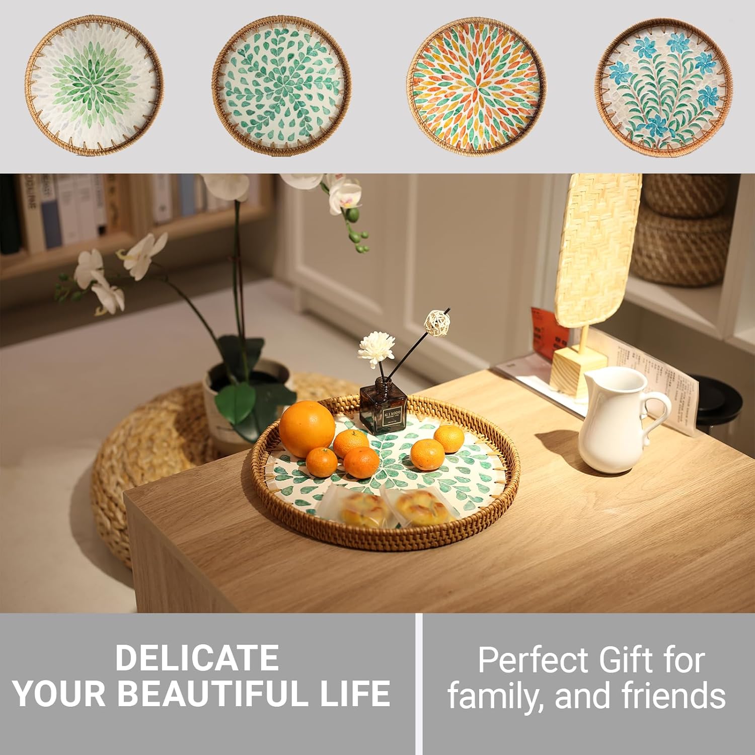 11.8 inch Round Rattan Serving Tray with Mother of Pearl Inlay Wicker Platter Coffee Tray for Coffee Table Decor Coastal Boho Kitchen Storage Display Decorative Basket Food Tray Handmade Wall Decor