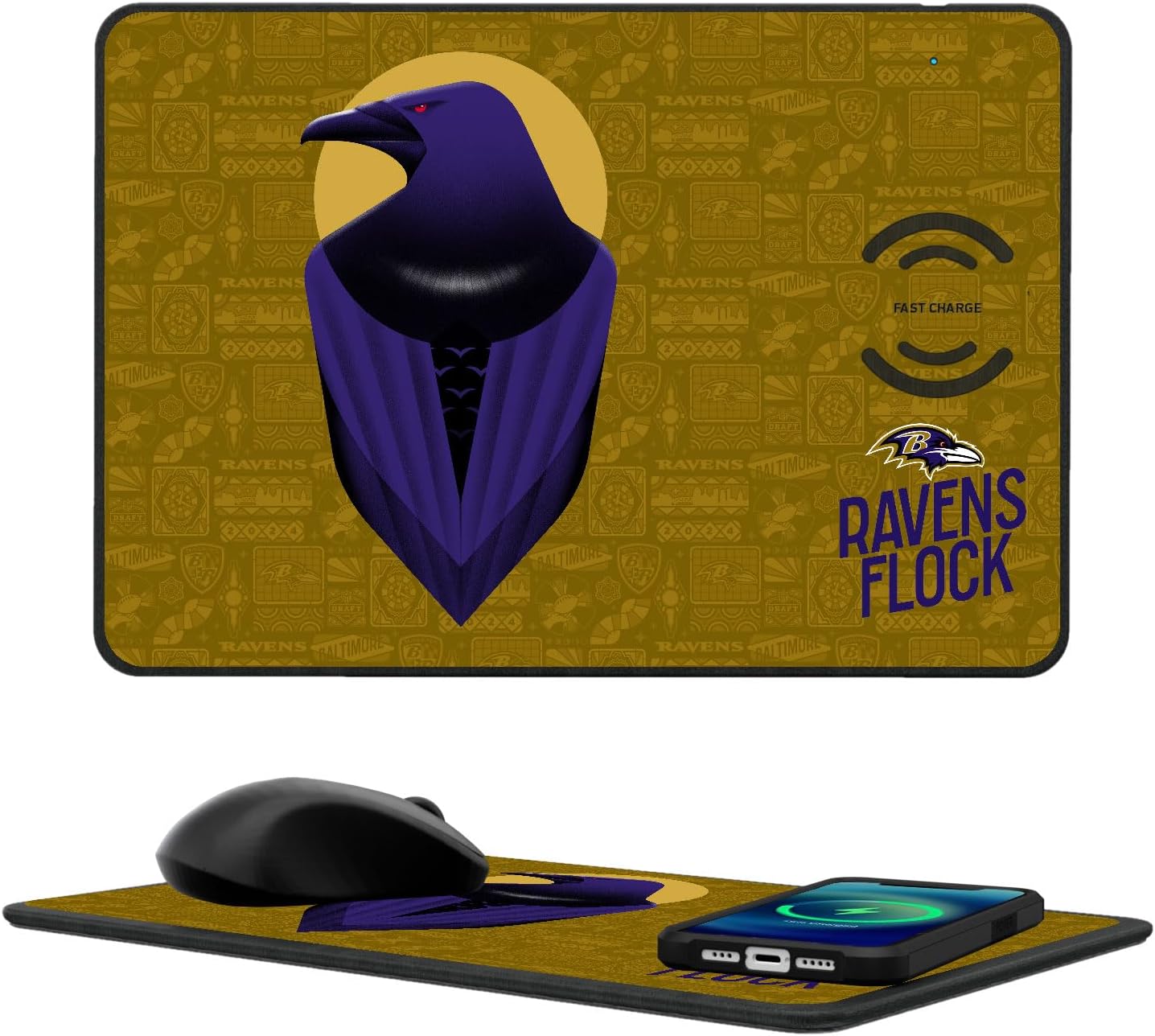 Keyscaper Baltimore Ravens 2024 Illustrated 15W Fast Wireless Charger and Mouse Pad
