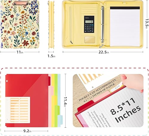 Vista 29 de Ospelelf Carpeta de 3 anillos con cremallera, de cuero, con almacenamiento en portapapeles, calculadora, funda para tablet de 12.1 pulgadas, 5 Rojo