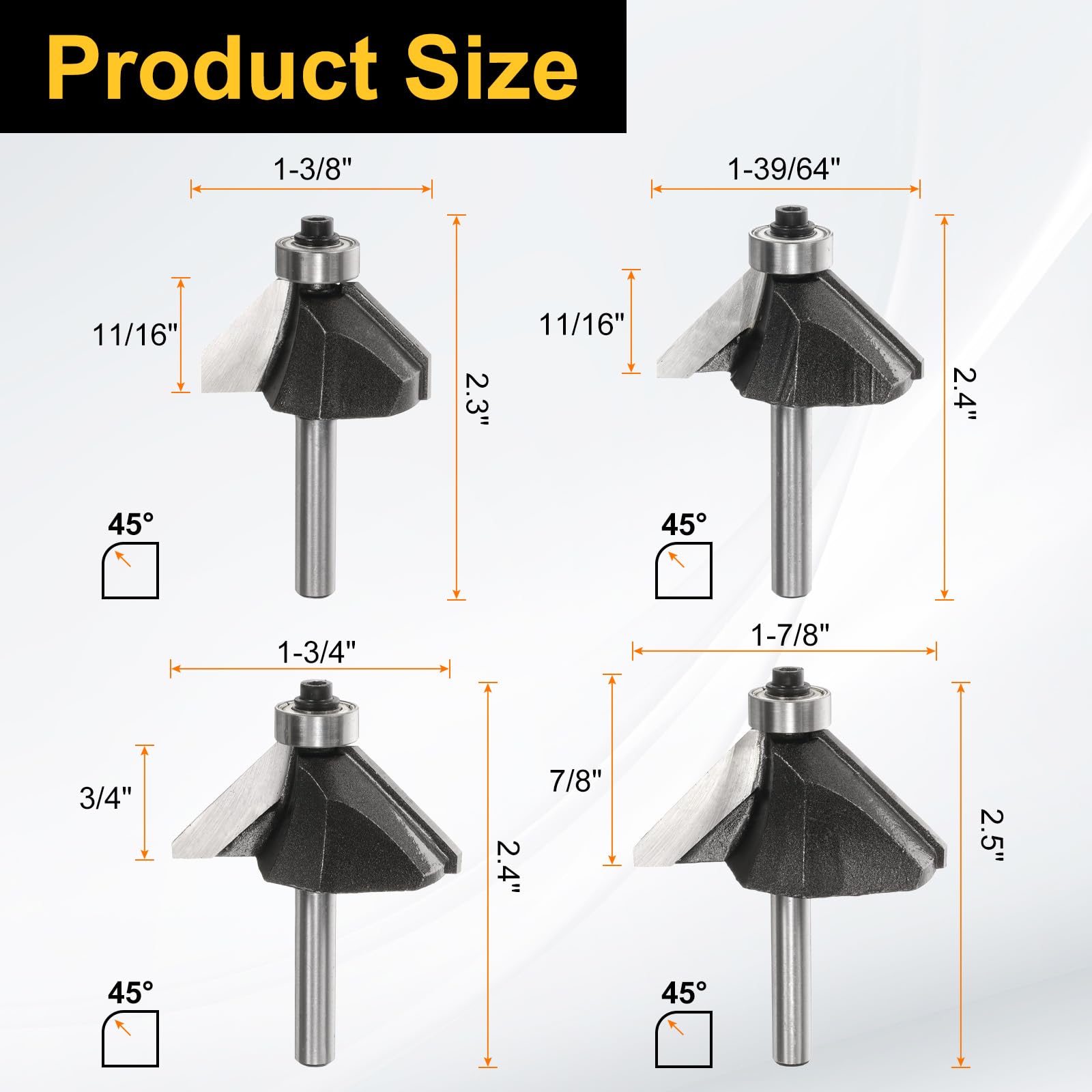 sourcing map Set di 4 punte per fresa per smusso a 45 gradi, codolo da 1/4", 5/8", 3/4", 7/8", 2,5 cm, punta in carburo con cuscinetto, per la lavorazione del legno, colore grigio