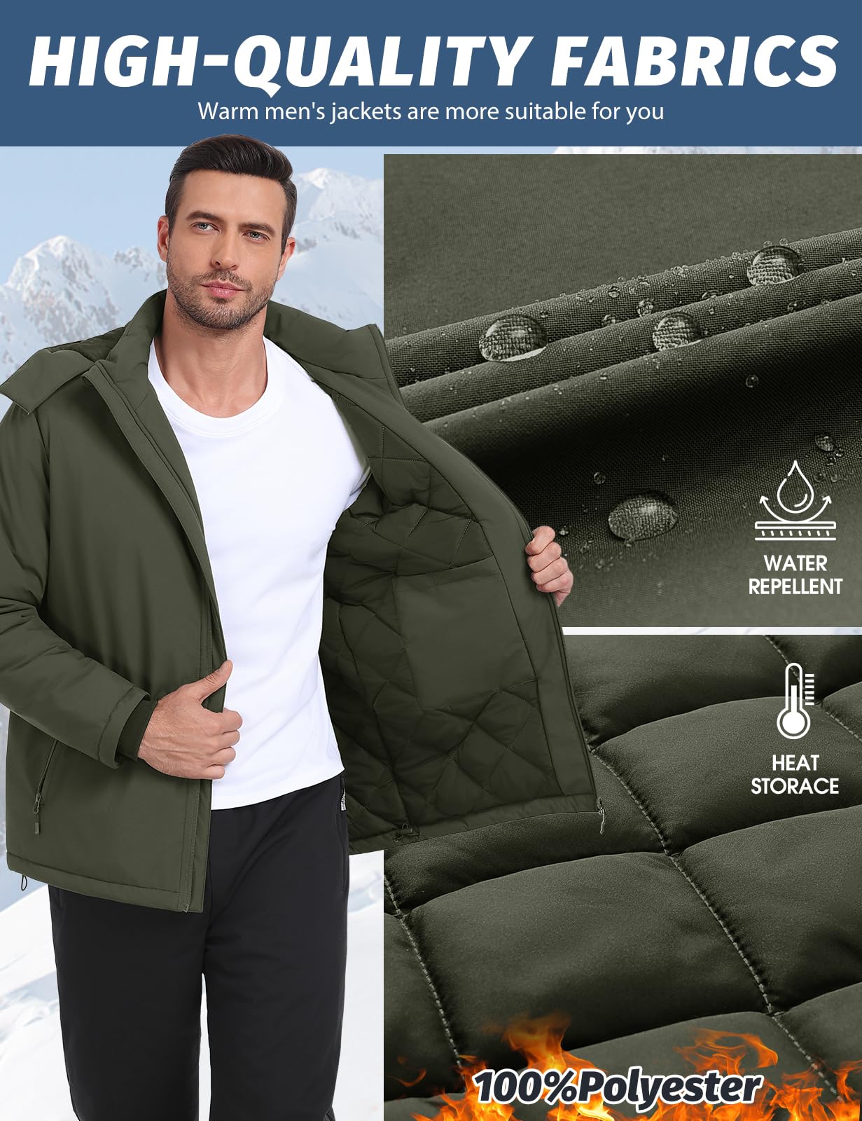 Voqeen Męska kurtka zimowa Wodoodporna Softshell Lekki izolowany płaszcz z kapturem na wędrówki górskie