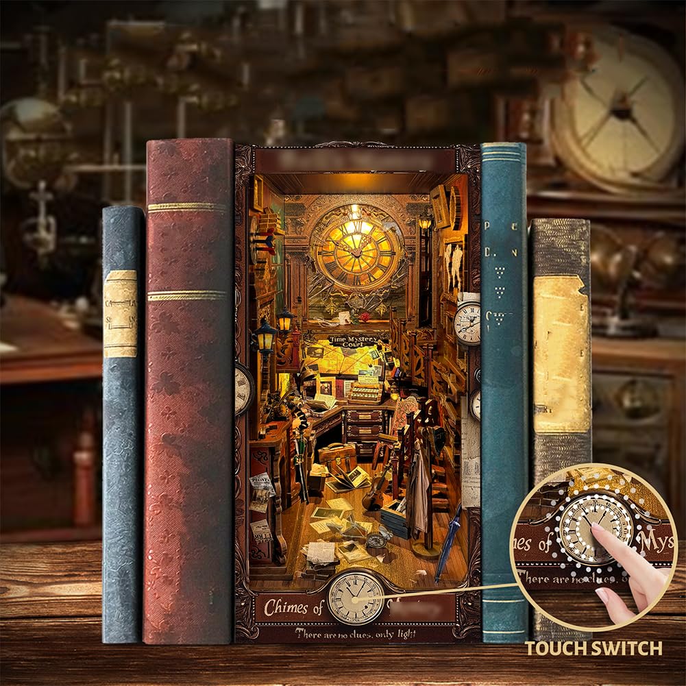 Kit di puzzle 3D in legno per angolo libro, kit fai da te in miniatura con LED per libreria, decorazione fai da te per casa delle bambole fermalibri, casa delle bambole, regalo di Natale