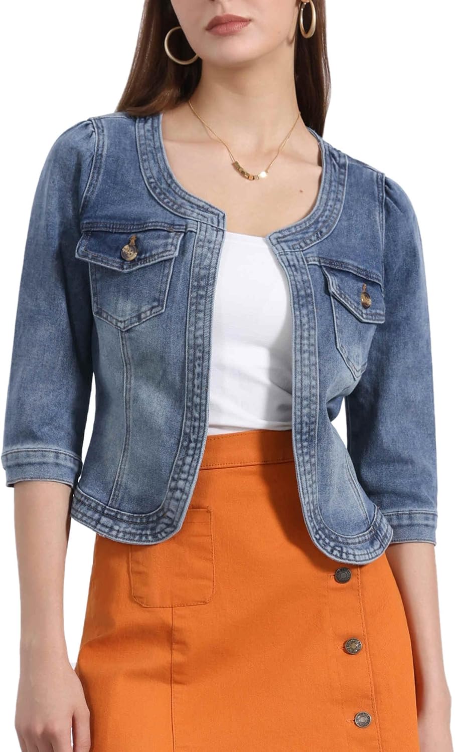 Denim cardigan jacket for women, collarless, 3/4 sleeve crop