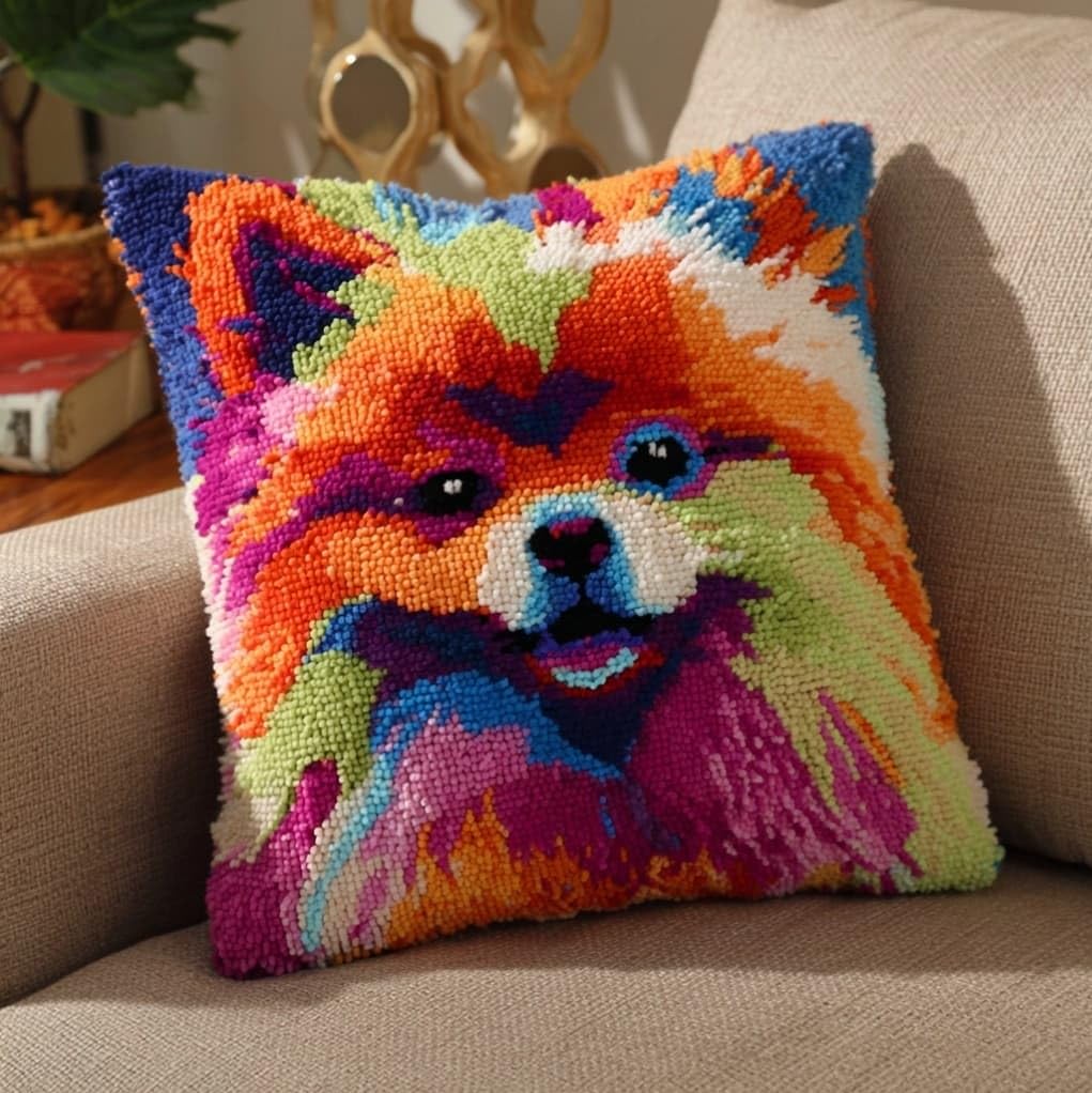 Henypt Latch Hook Pillow Making Kit 43x43cm,Pomeranian Dogs