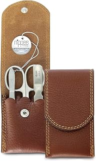 Nippes, Solingen Premium Line - Juego de manicura de acero inoxidable con revestimiento de piel de vacuno sin níquel y con botón de presión, costuras amarillas de contraste, color marrón, 3 unidades