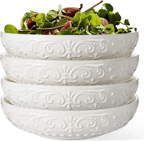 Wareland Pasta Bowls, 32oz Salad Bowls Set of 4, White Ceramic Soup Bowls 8 Inch Embossment Large Serving Bowl Wide and Shallow Bowls for Kitchen, Microwave & Dishwasher Safe (Brocade Flower)