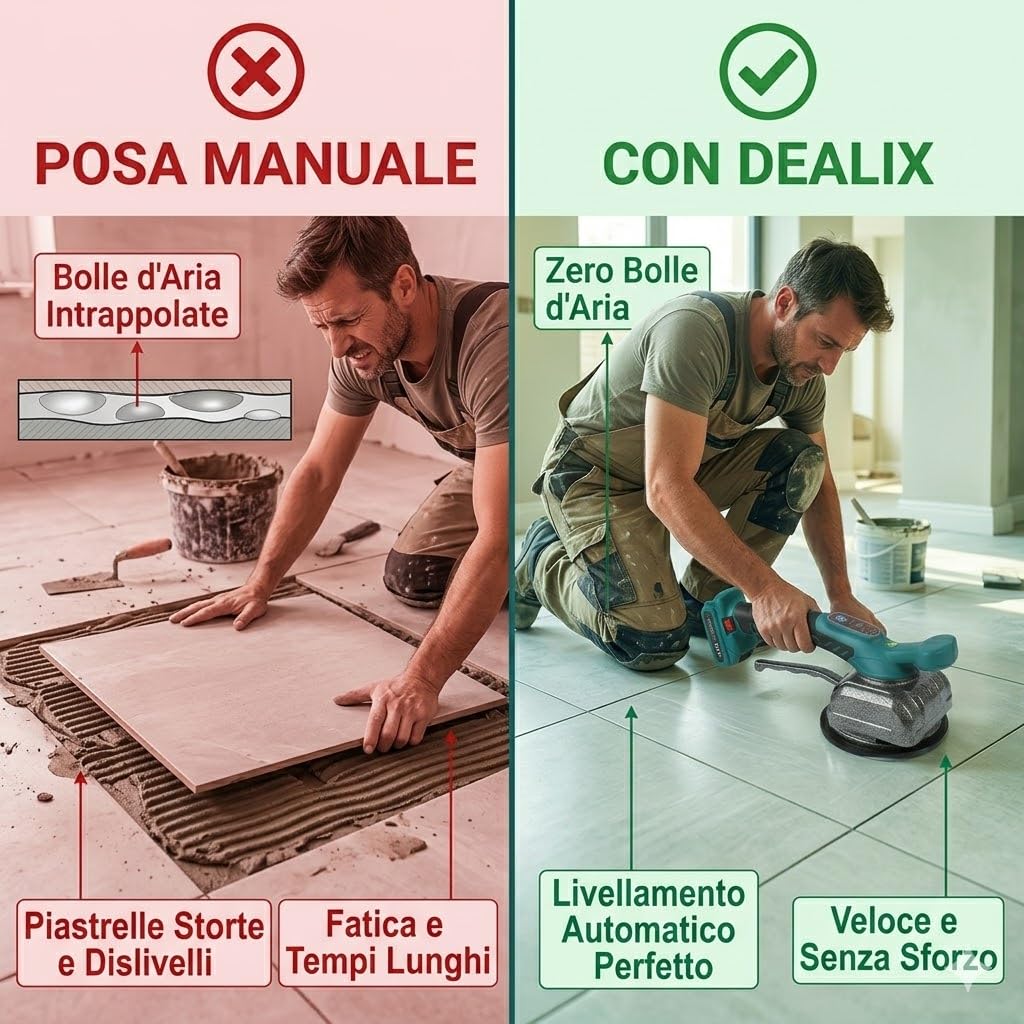 Piastrellatrice Vibrante per Piastrelle — Ventosa Elettrica Professionale 28.000 Vib/min, 5 Velocità, Portata 100 kg, 2 Batterie Litio, Livella Integrata — Kit Completo Dealix per Pavimenti e Pareti