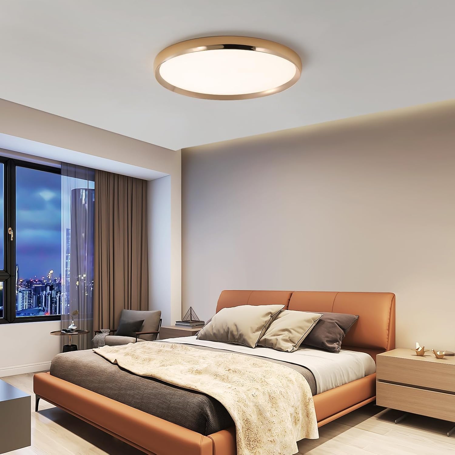 Dimmable LED Flush Mount Ceiling Light, 19inch Gold Bedroom Ceiling Lamps, Ultra-Slim, 40W, 3000K-6000K Adjustable, Modern Kitchen Lighting Fixture for Living Room, Bathroom, Office, Study