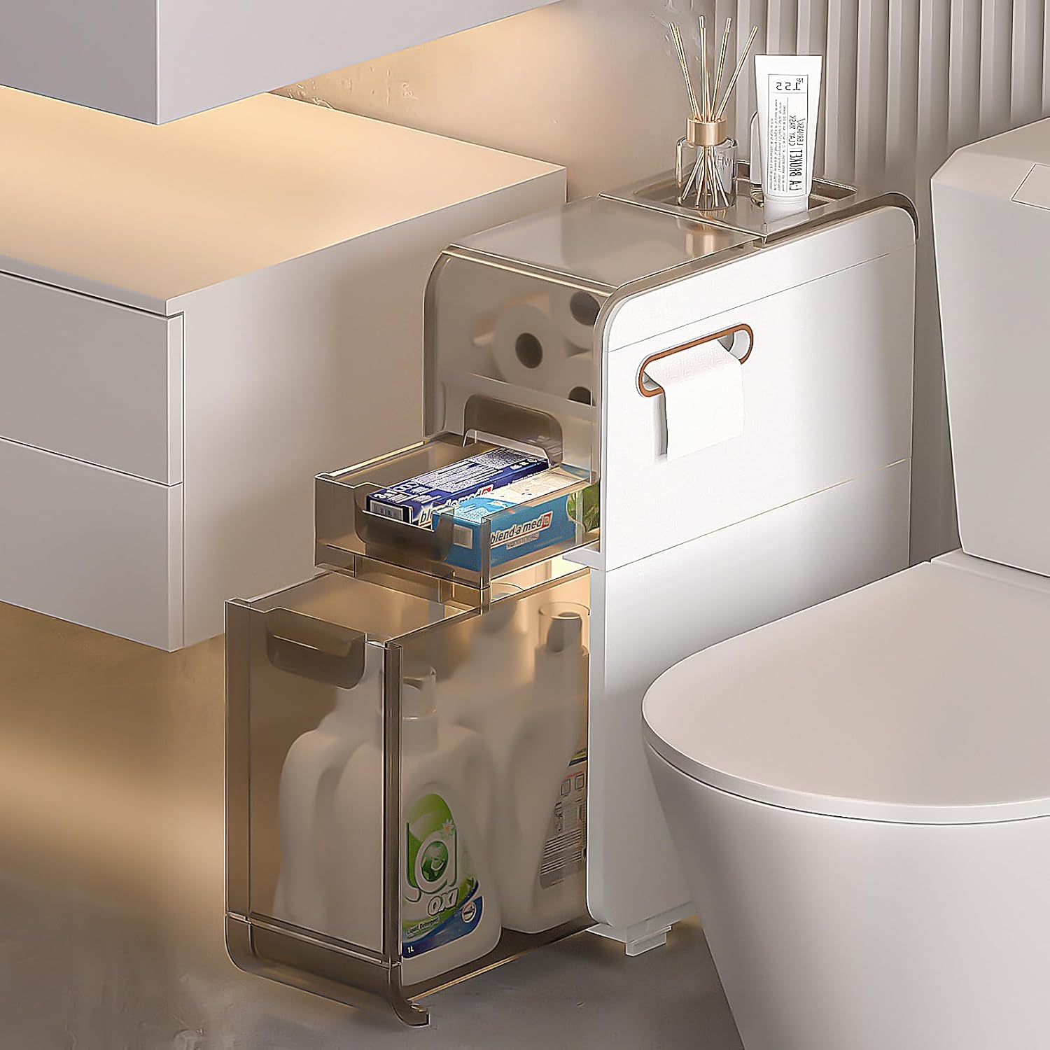 GoMaihe Bathroom Storage with Drawers 2Tier Plastic Narrow Floor for Small