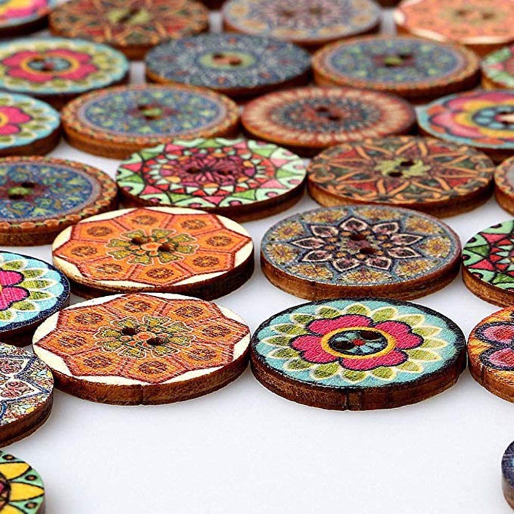 200 Stück Holzknöpfe Mit Vintage-Blumenmuster – Natürliche 2-Loch-Knöpfe Für DIY & Nähen (2 Cm, Gemischte Farben)