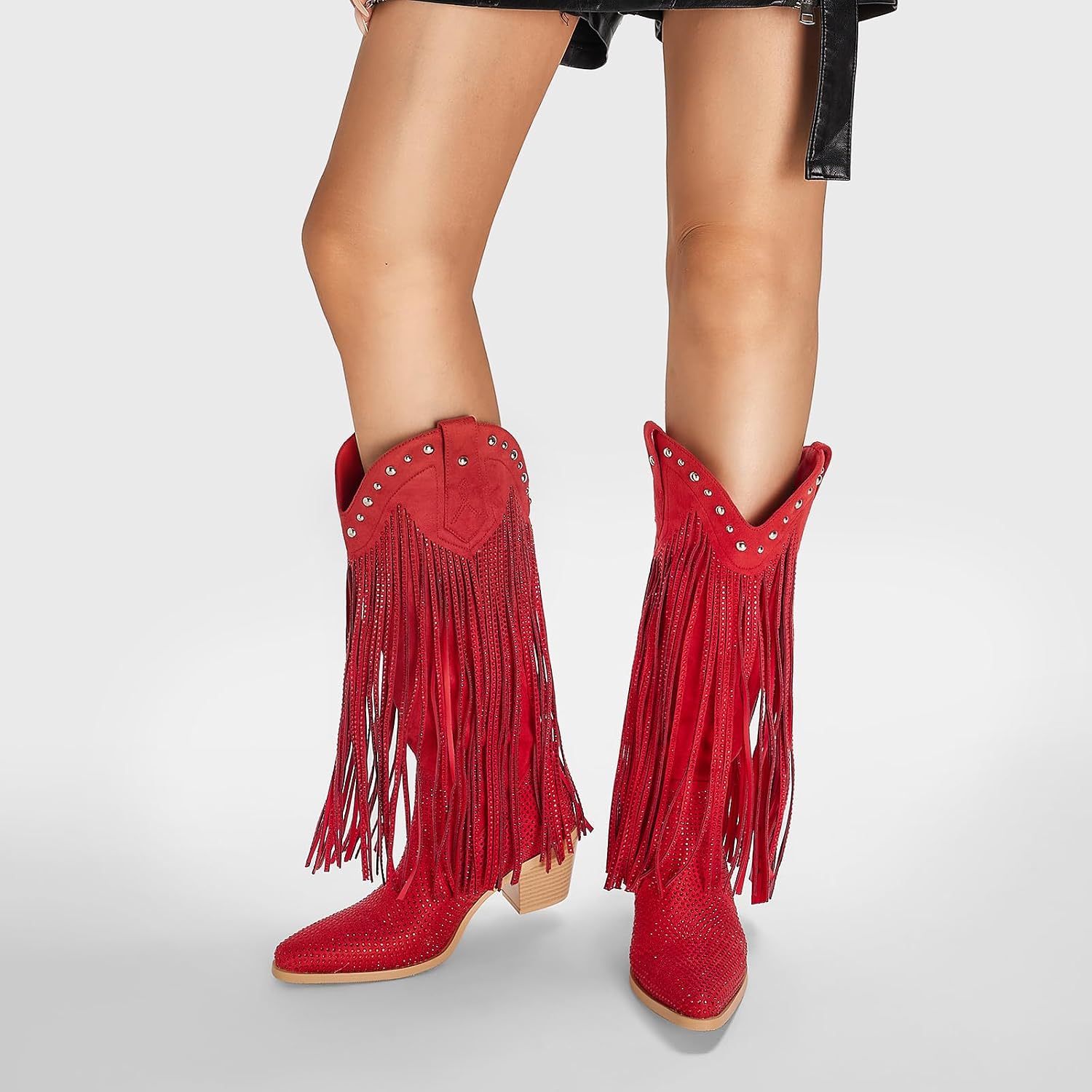 AIJIVOU Women's Rhinestone Fringe Cowgirl Boots, Sparkly Western Cowboy Boots Pointed Toe Knee Block Chunky Middle Heel Pull On Mid Calf Boots for Women Girl Party