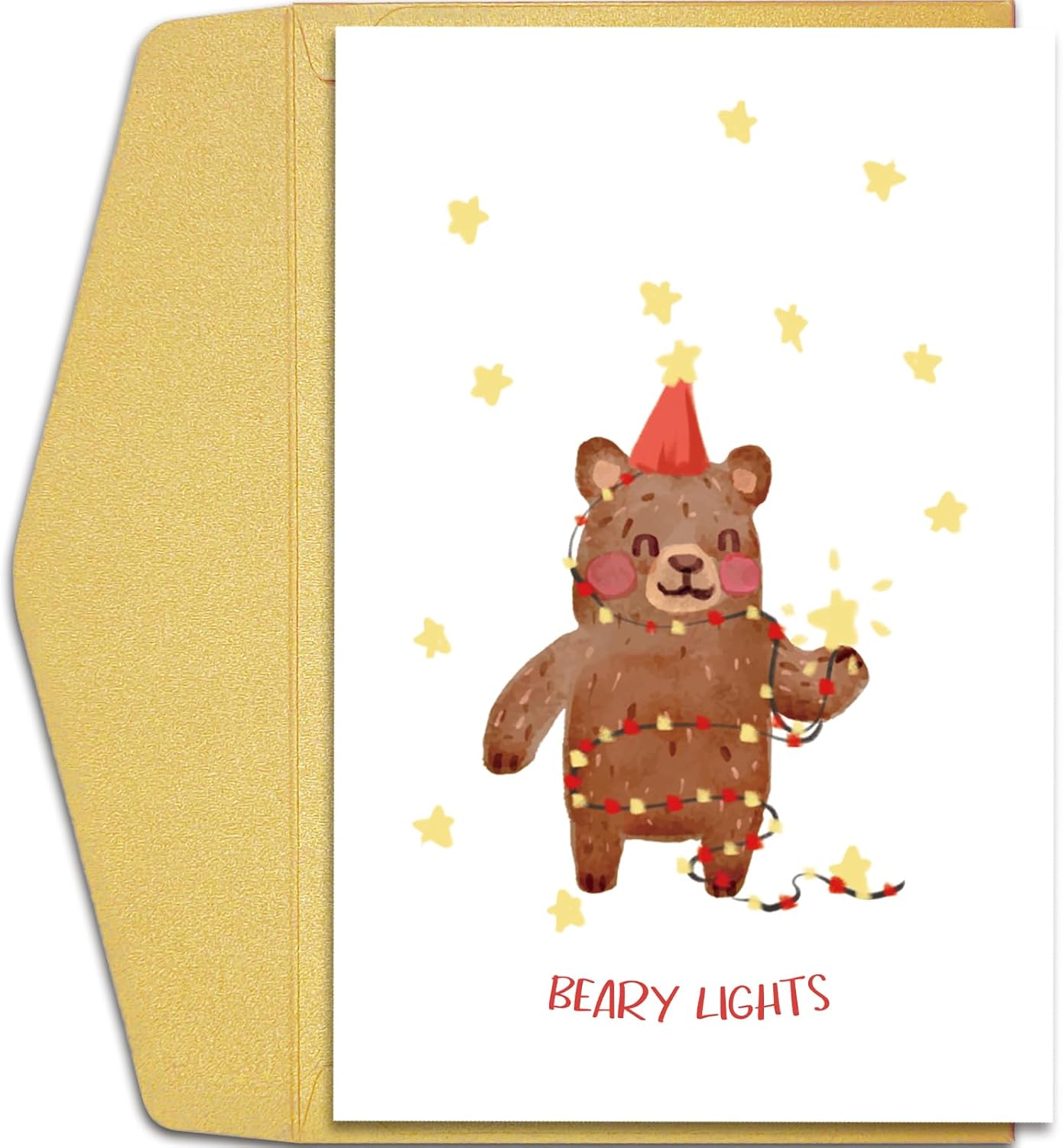 Qiliji Funny Bear Holiday Card, Fairy Lights Christmas