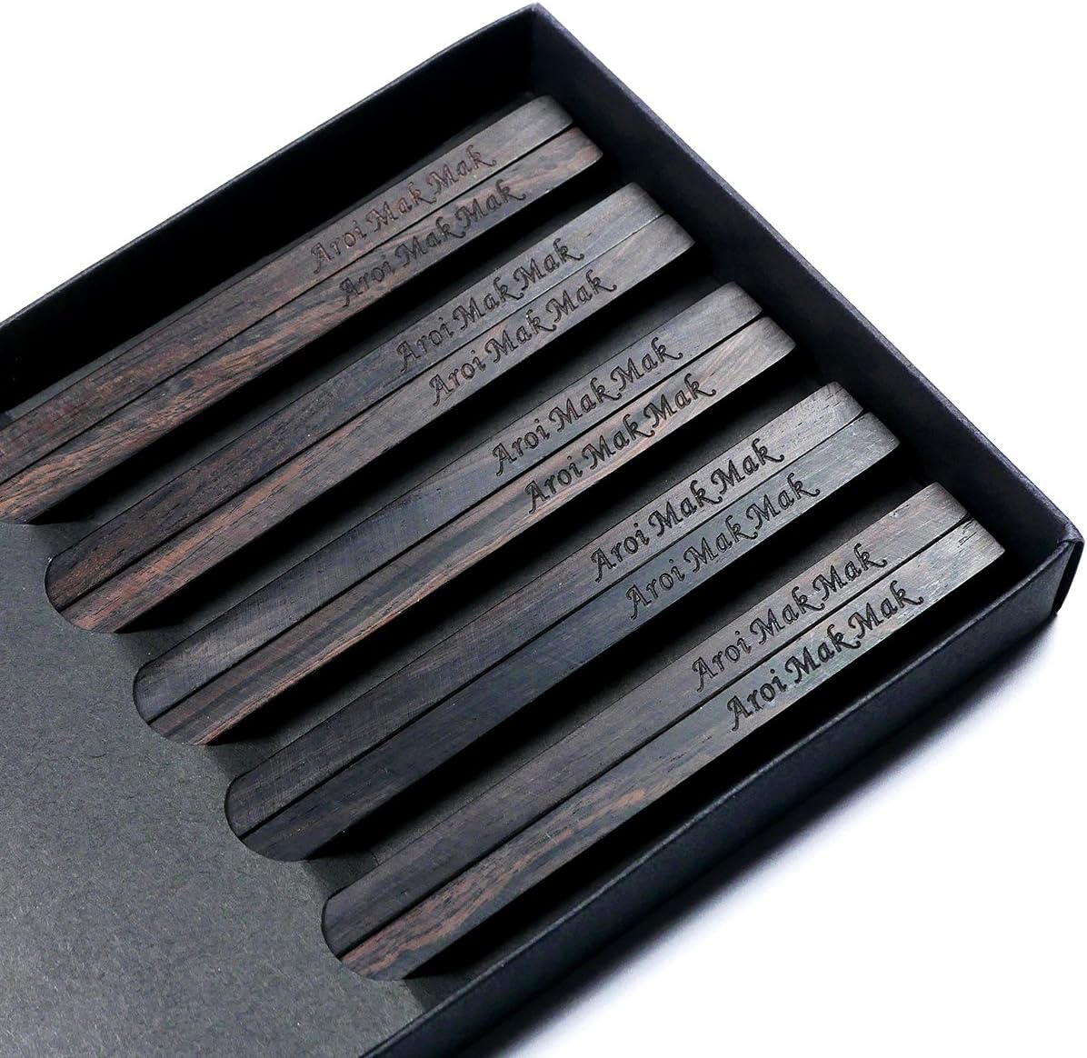 5 Pairs Natural Black Ebony African Blackwood Chopsticks Reusable With Custom Personalized Engraving - Matte Finish Without Varnish - Square Handles - Chinese or Japanese Style - Box Set New Year Gift