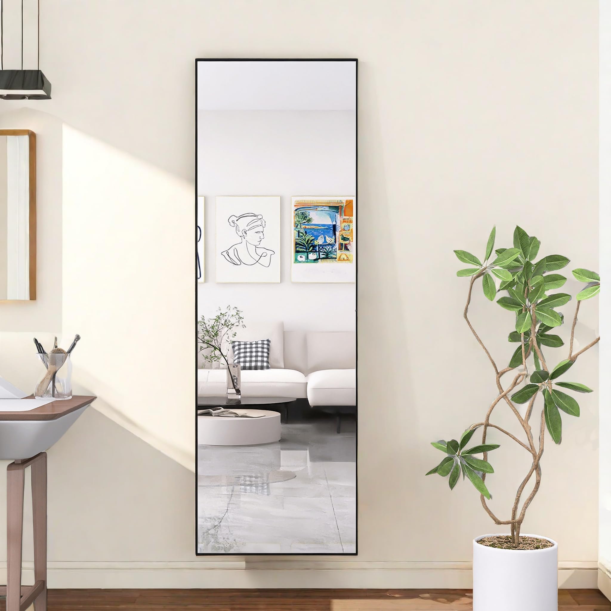 Specchio Pieno Lunghezza 162 x 53 cm, Grande Specchio da Pavimento Rettangolare da Appendere o Inclinare, Telaio in Lega di Alluminio Nero, Specchi su Piede per Soggiorno Camera