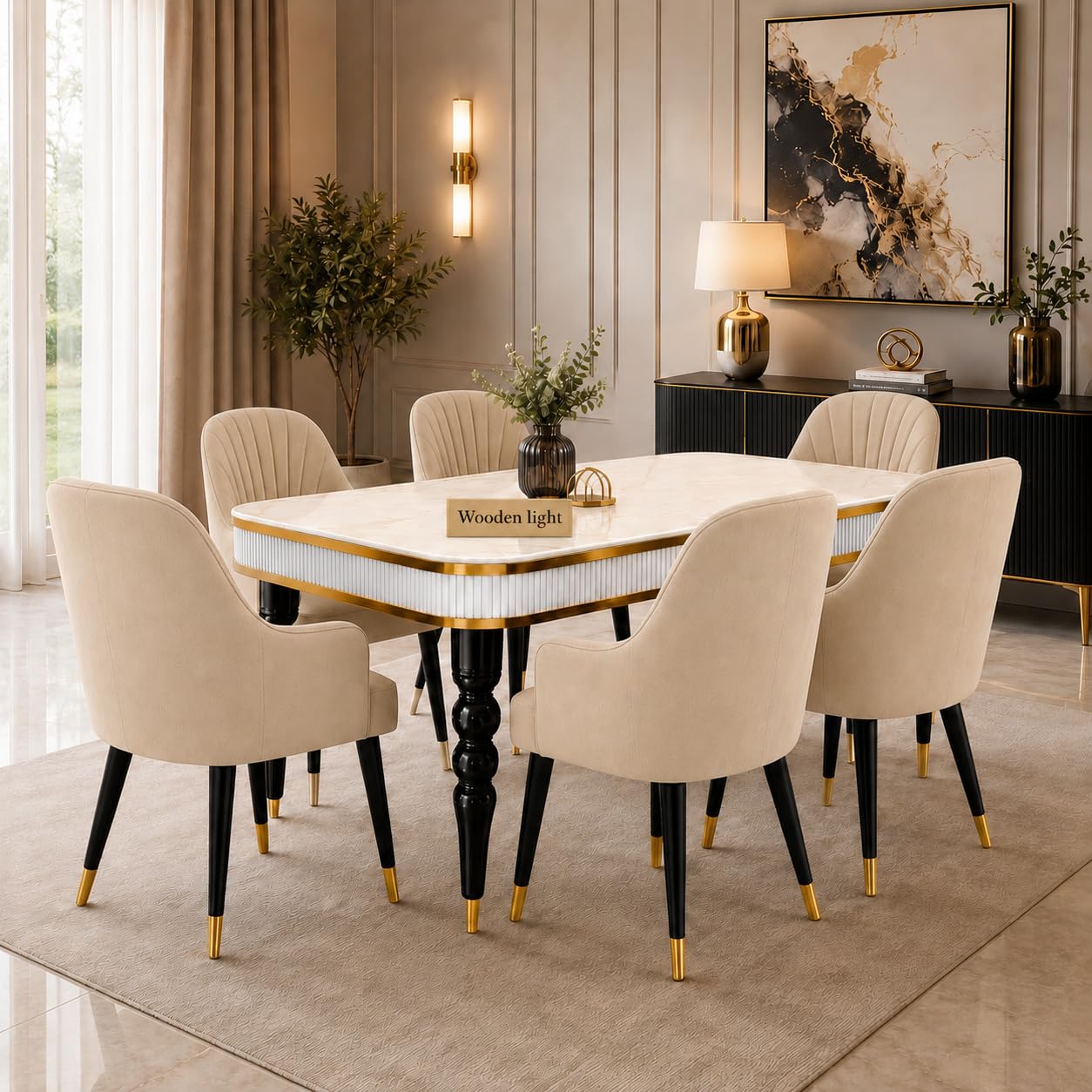 6-Seater Dining Table Set with Nano Composite Marble Top | Golden PVC Wooden Base | Includes 6 Fabric Upholstered Chairs | 2 Year Warranty | Dining Room Furniture Set for Home (Cream)-image-18