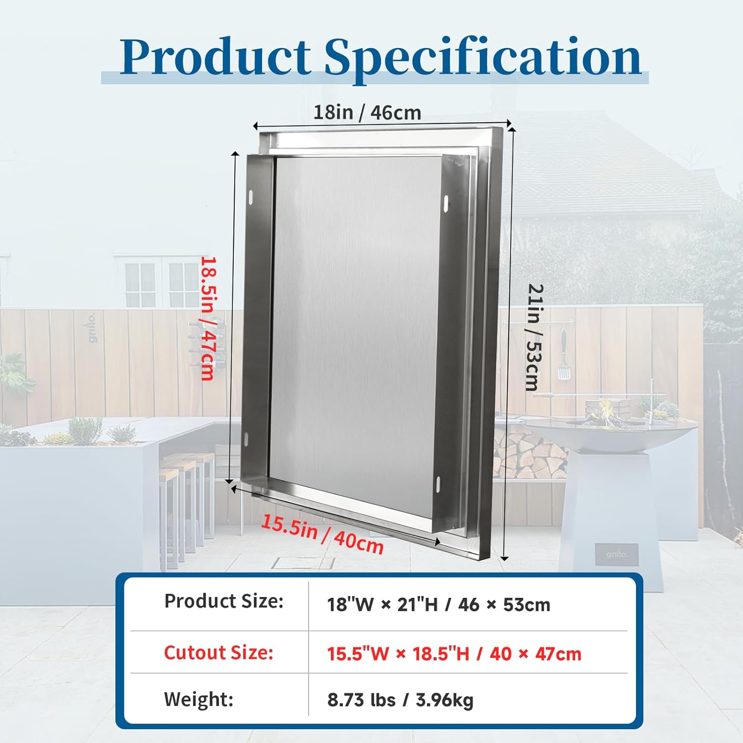 Outdoor Kitchen Doors 18''W x 21''H Stainless Steel BBQ Single Access Door with Horizontal Hidden Handles Access Cabinet Door,Flush Mount Door for Grilling StationIsland& Cabinet