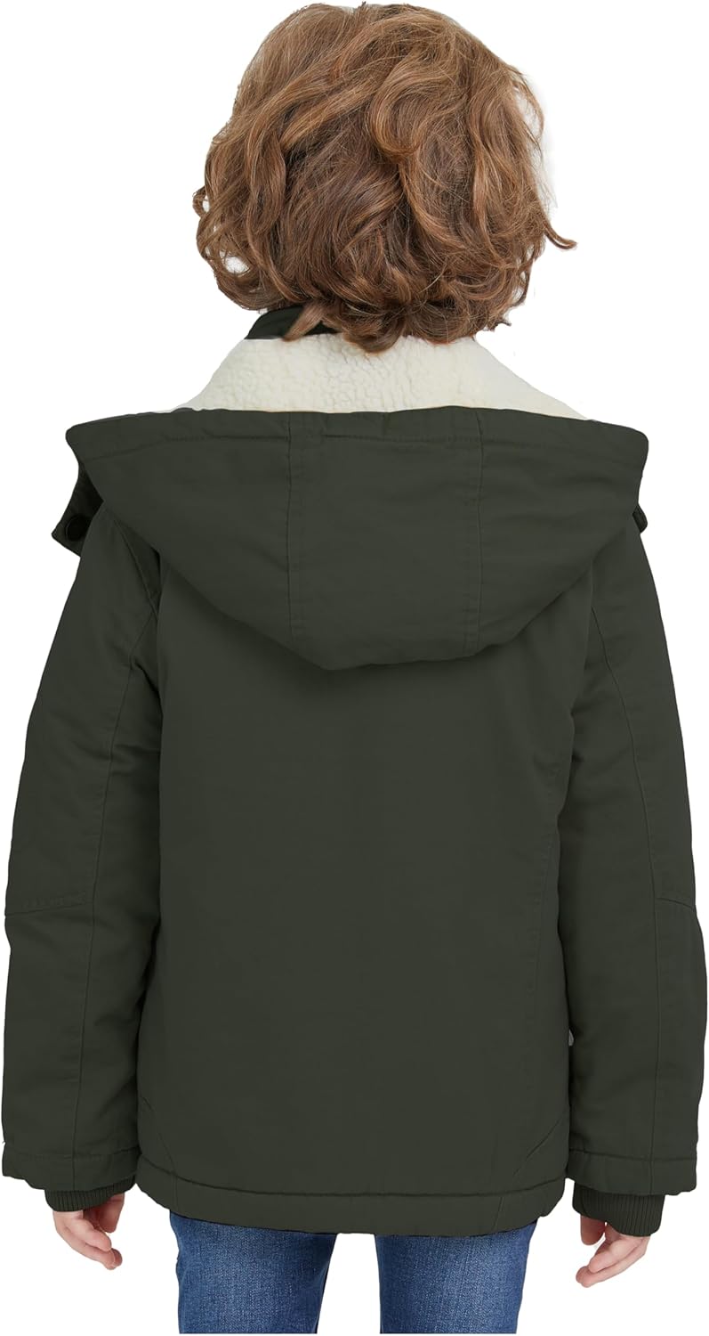 WenVen Boy's Winter Sherpa Jacket Heavy Twill Cotton Military Coat with Hood - Image 4